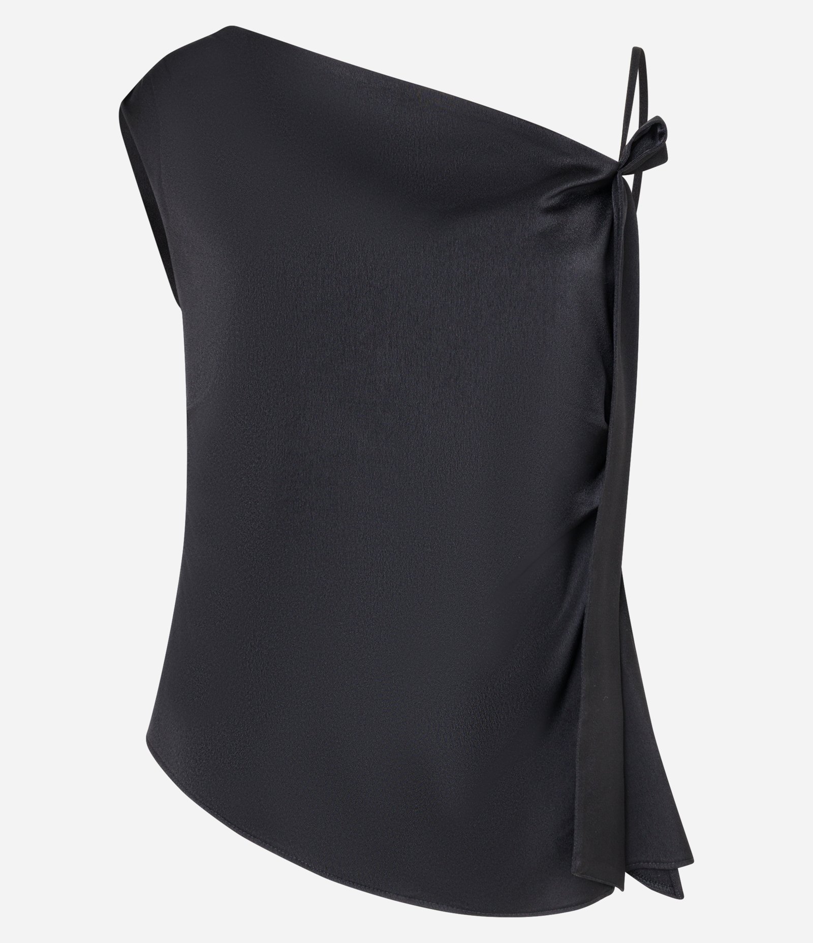 Blusa Túnica em Alfaiataria Acetinada com Ombro Único e Faixa Preto 5