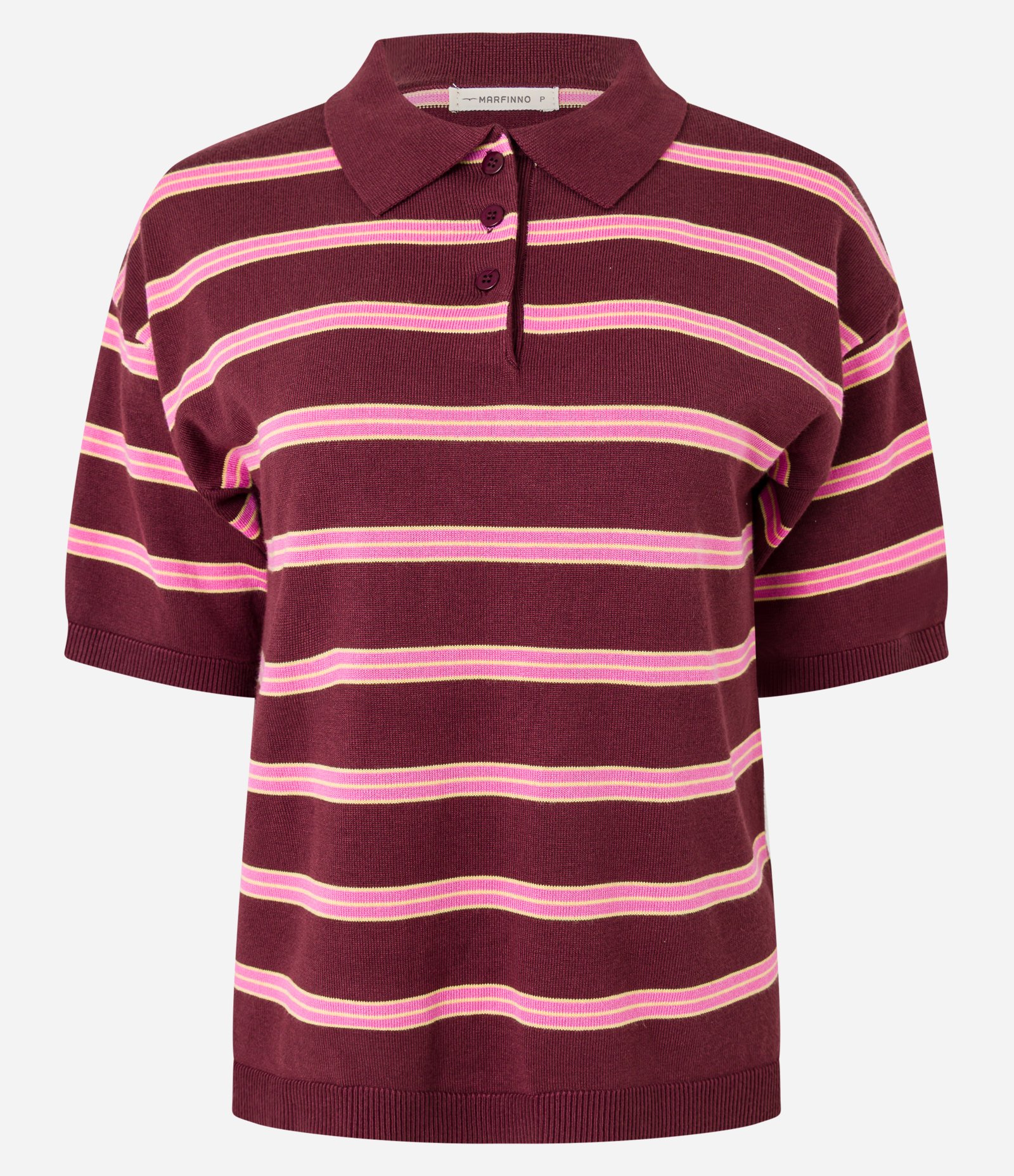 Blusa em Tricô com Gola Polo e Listars Horizontais Bordô/Rosa 1