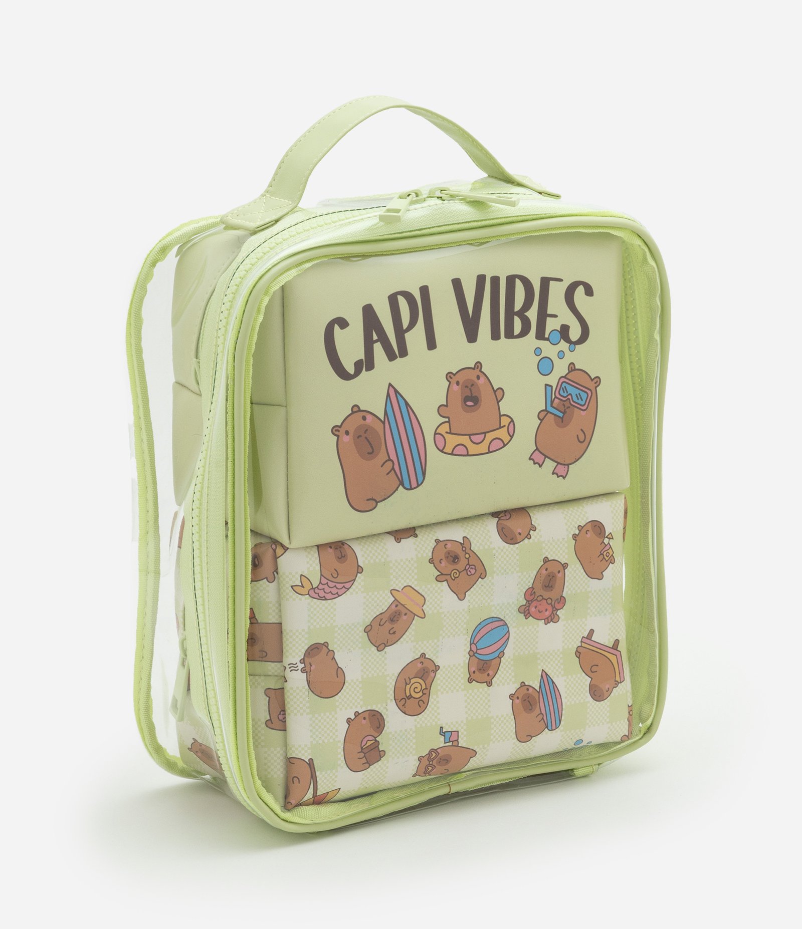 Kit 03 Nécessaires com Tamanhos Diversos e Estampa de Capivara Verde 1