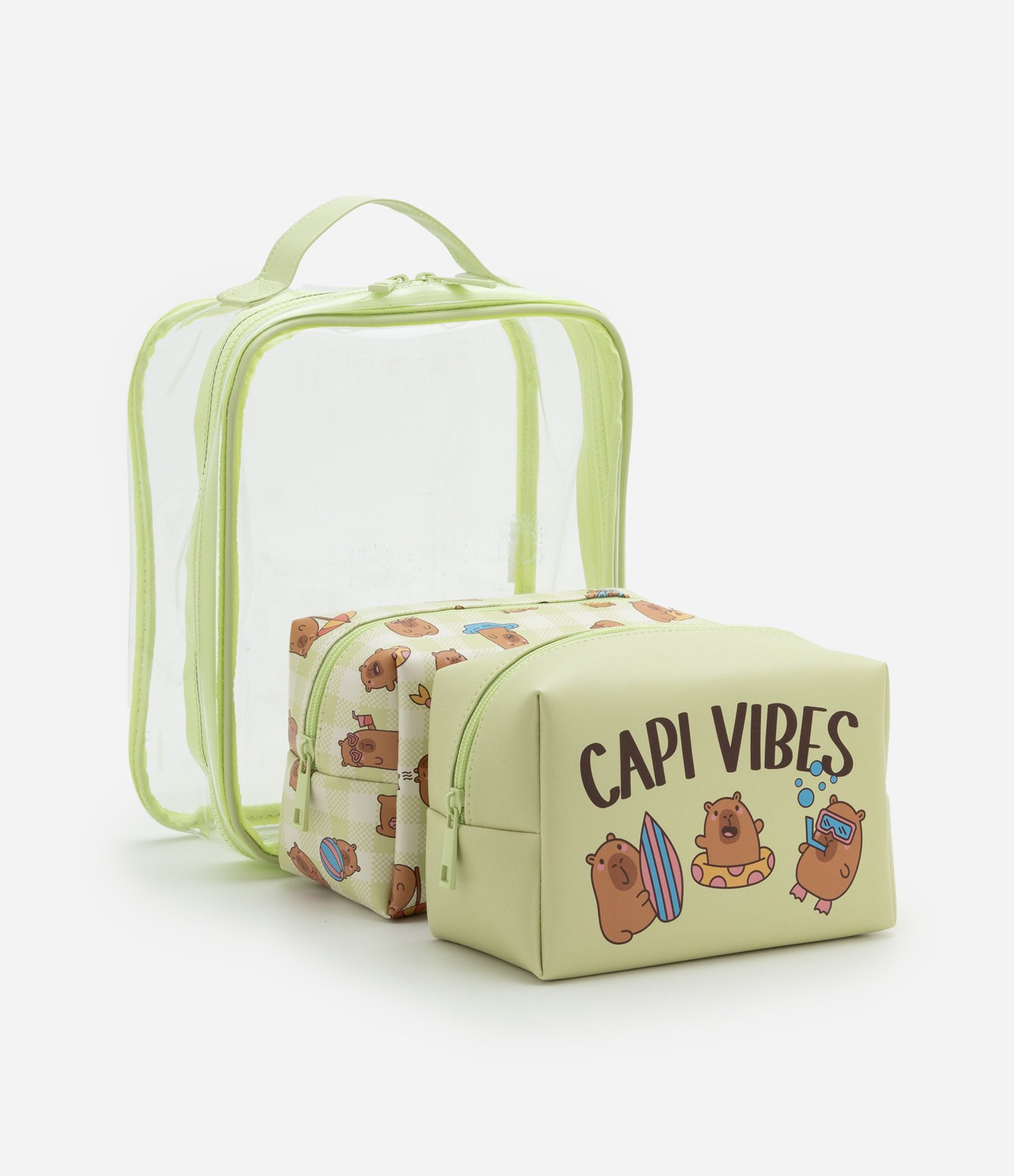 Kit 03 Nécessaires com Tamanhos Diversos e Estampa de Capivara Verde 5