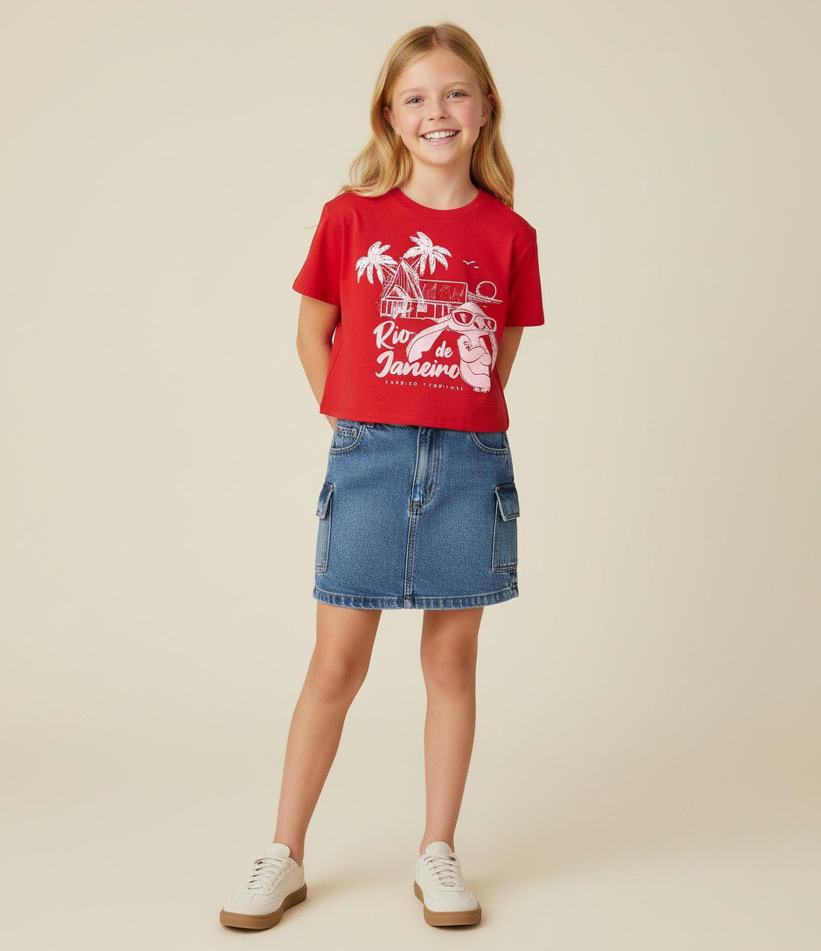 Camiseta Infantil Comfort com Estampa Stitch Rio de Janeiro - Tam 5 a 14 Anos Vermelho 1