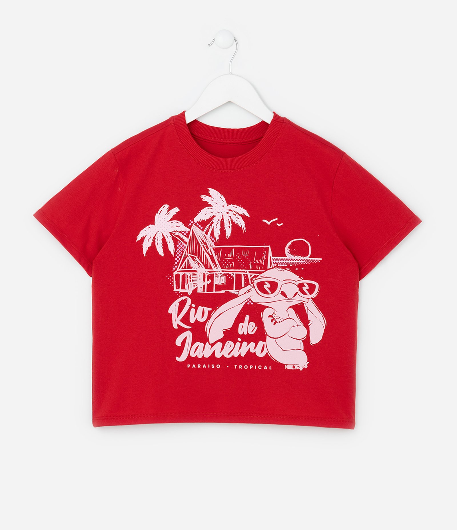 Camiseta Infantil Comfort com Estampa Stitch Rio de Janeiro - Tam 5 a 14 Anos Vermelho 1