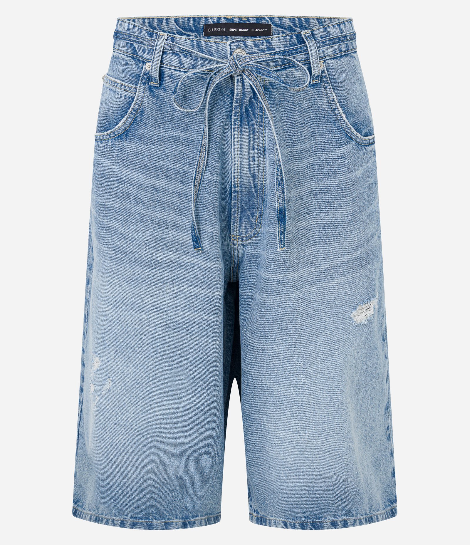 Bermuda Jorts Super Baggy em Jeans com Cinto Amarração Azul 1