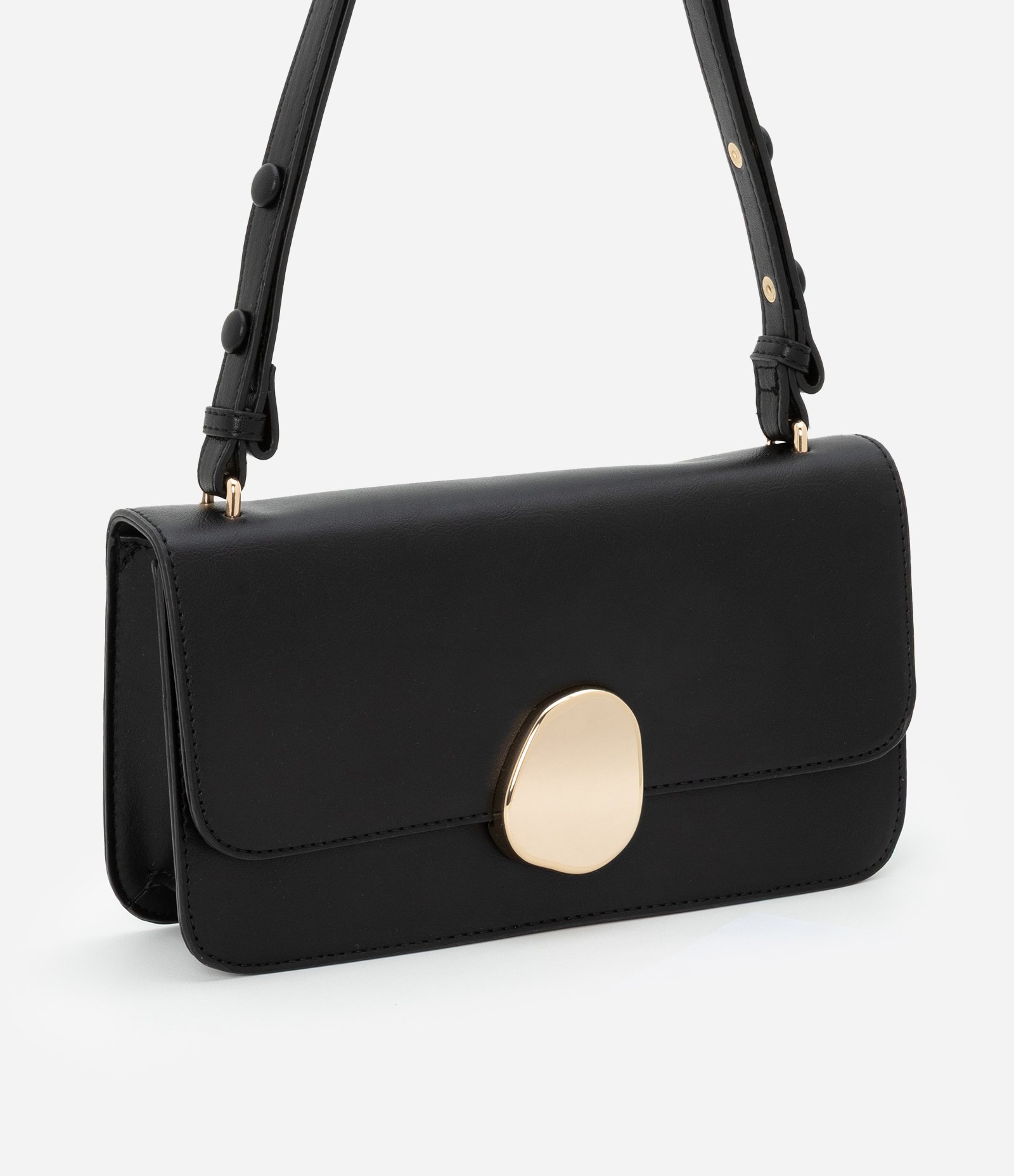 Bolsa Shoulder Média com Tampa e Detalhe Metalizado Preto 2