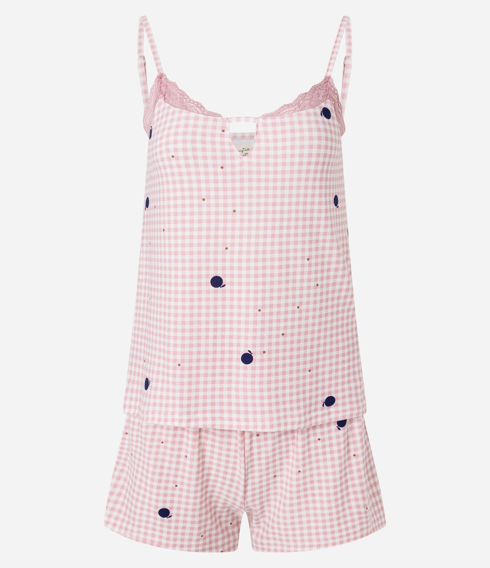 Pijama Short Doll em Peach Touch Xadrez Vichy com Rendinha Rosa 3
