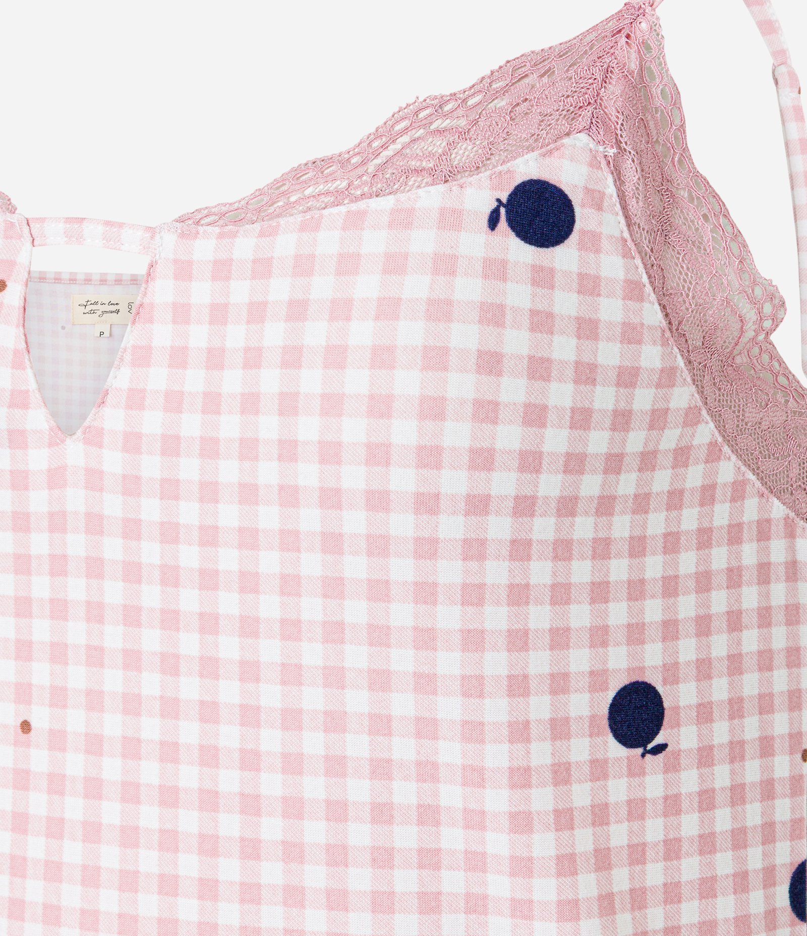 Pijama Short Doll em Peach Touch Xadrez Vichy com Rendinha Rosa 5