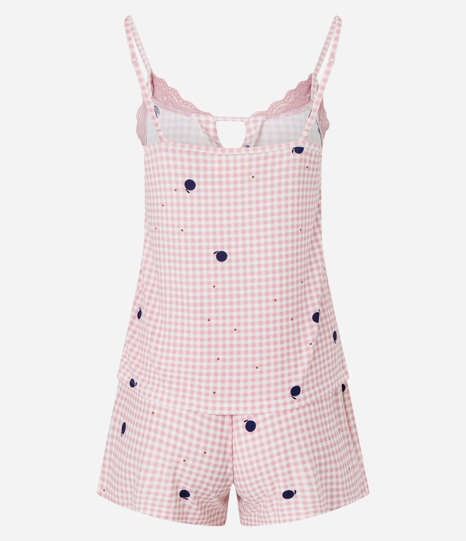 Pijama Short Doll em Peach Touch Xadrez Vichy com Rendinha Rosa 6