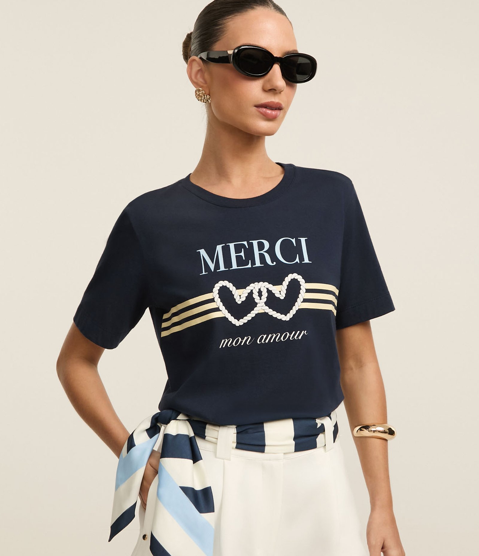 Blusa Slim em Algodão com Estampa Merci Azul Marinho 1