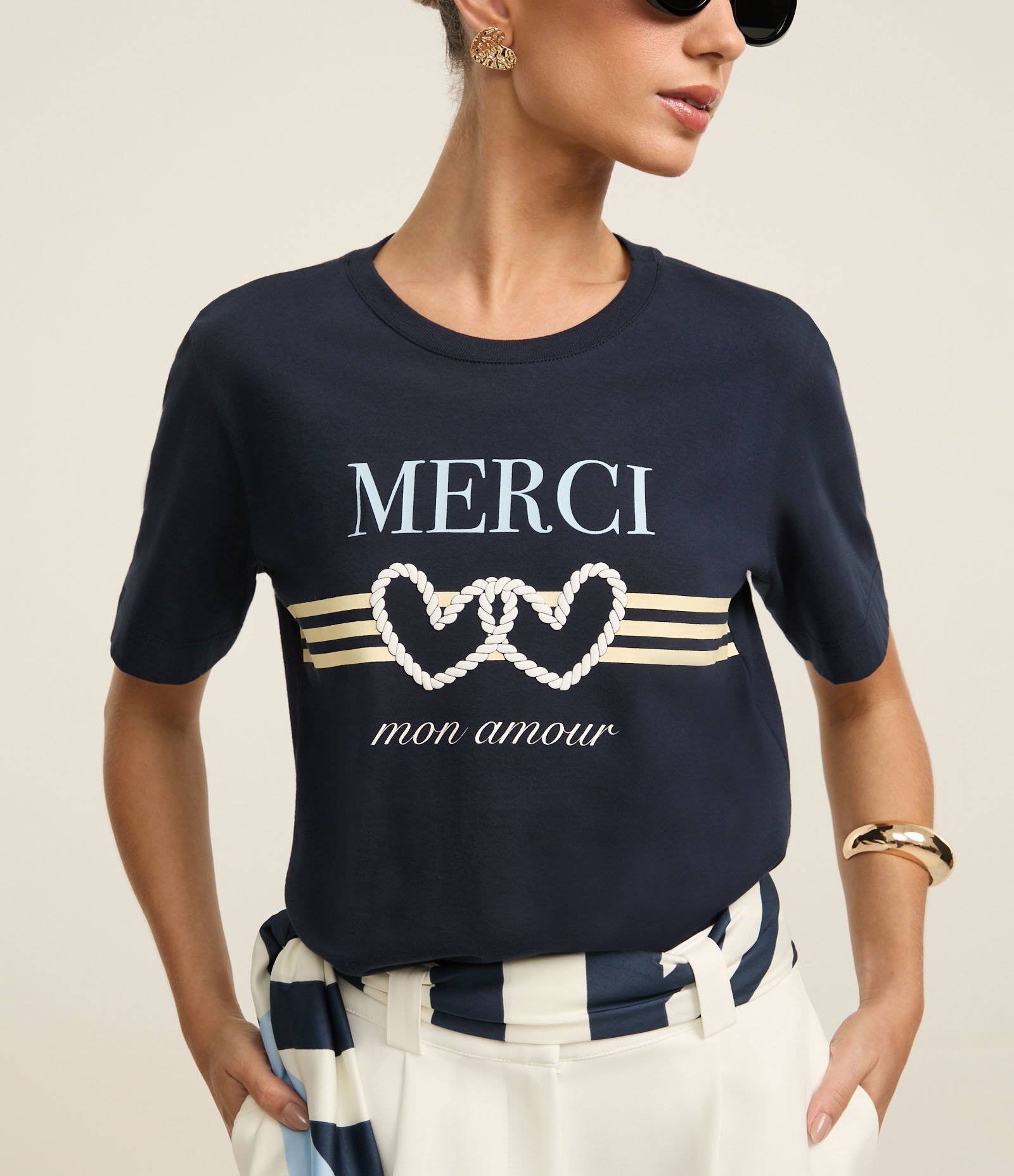 Blusa Slim em Algodão com Estampa Merci Azul Marinho 3