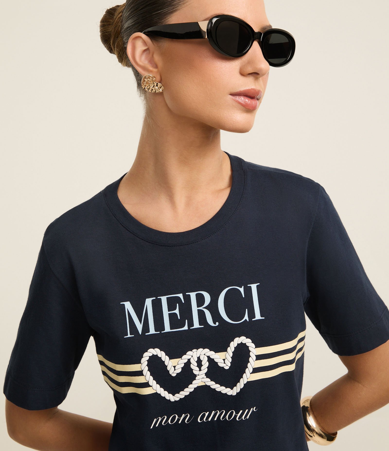 Blusa Slim em Algodão com Estampa Merci Azul Marinho 4