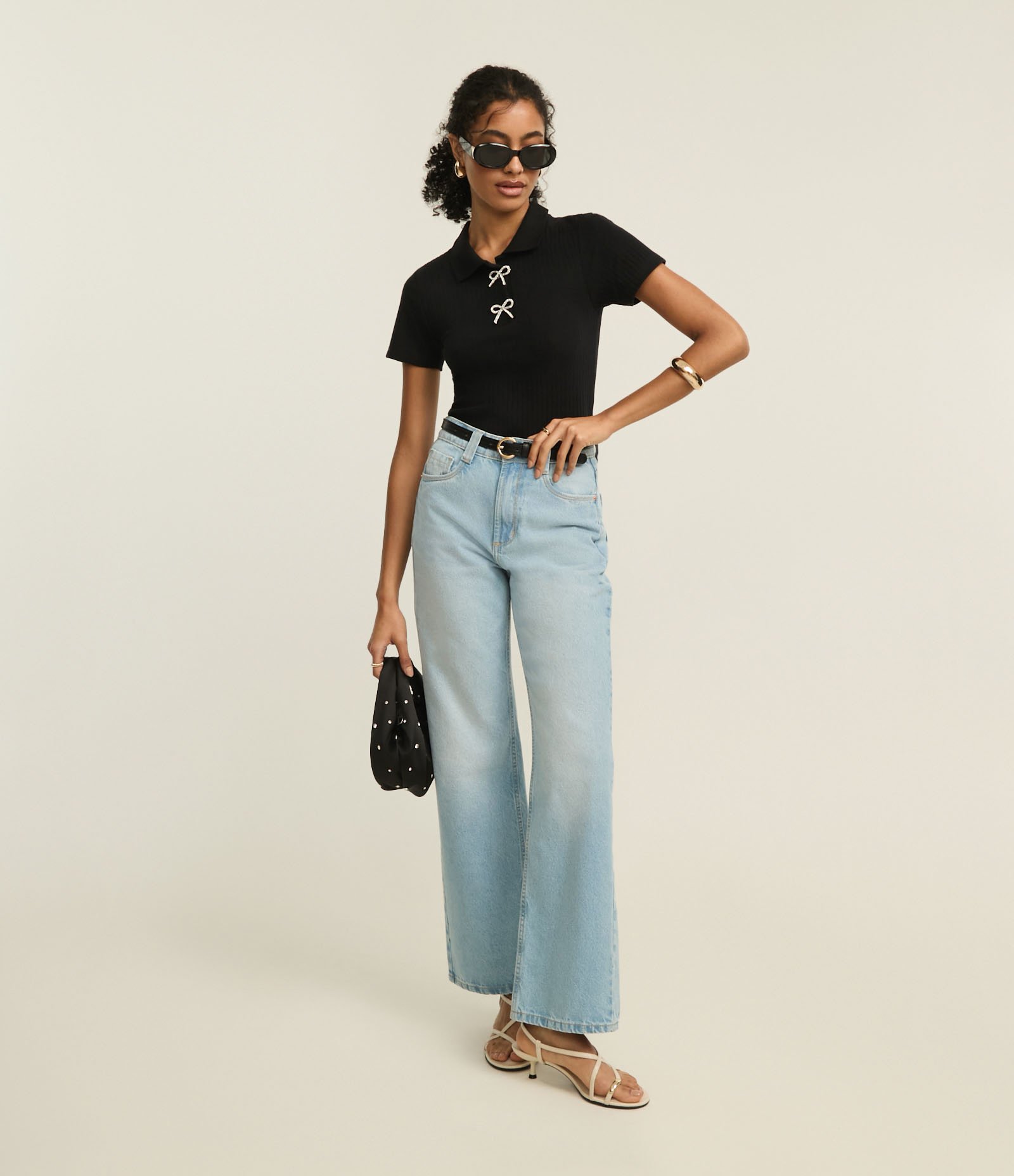 Blusa Canelada em Algodão com Laços Brilhantes Preto 2