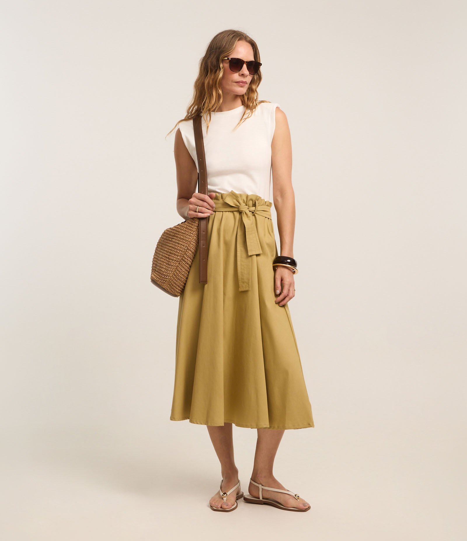 Vestido Hi-Lo Reto Midi em Cotton e Sarja com Amarração Branco/Bege 1