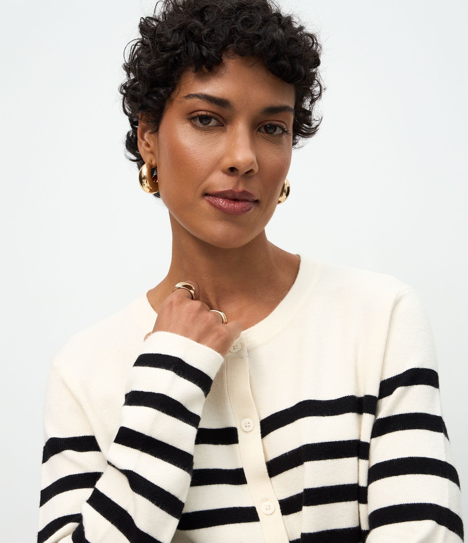 Cardigan Curto em Tricô com Estampa Listrada Branco/Preto 3