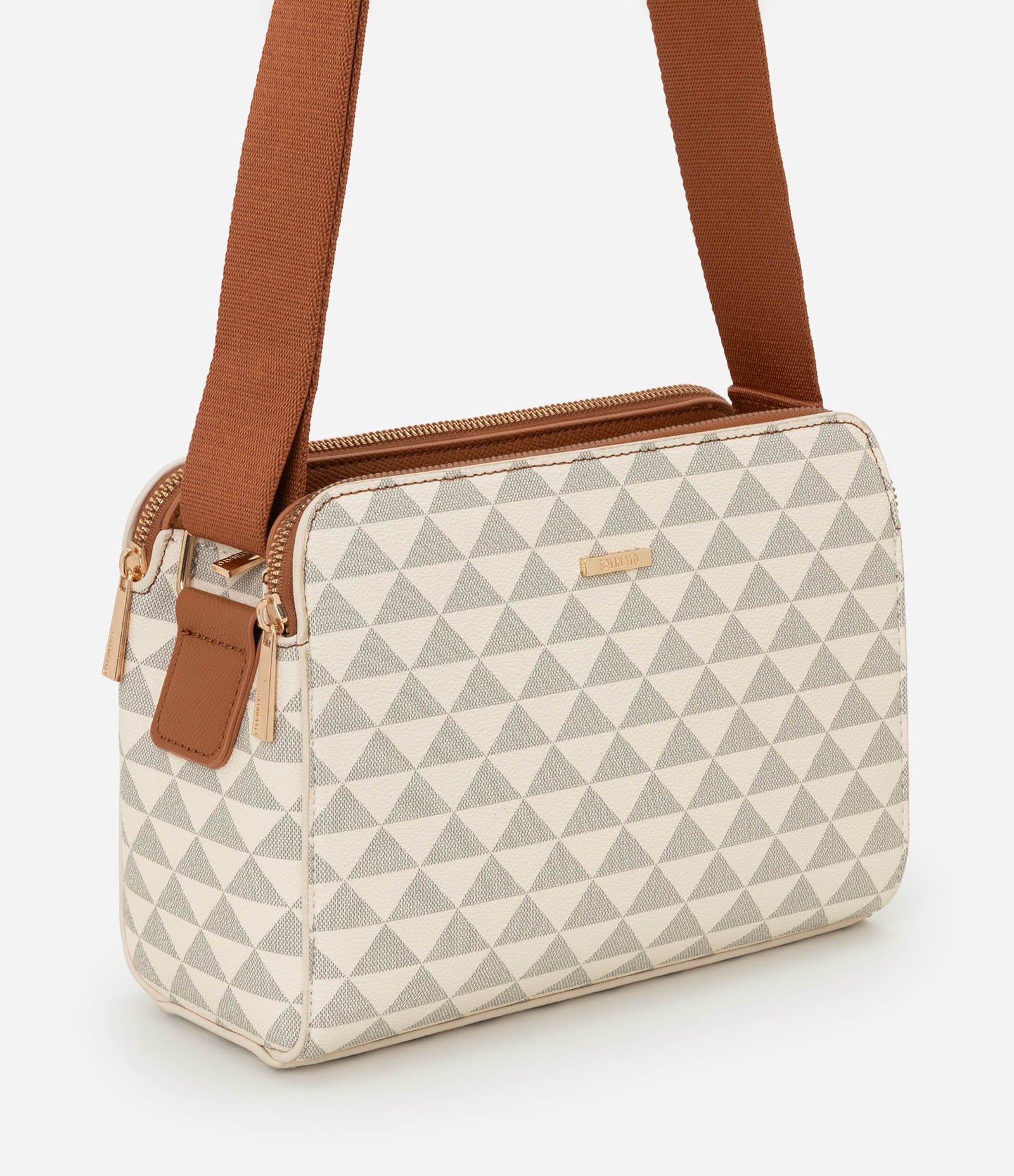 Bolsa Satchel Média com Estampa Triangular e Divisórias com Zíper Off White 1
