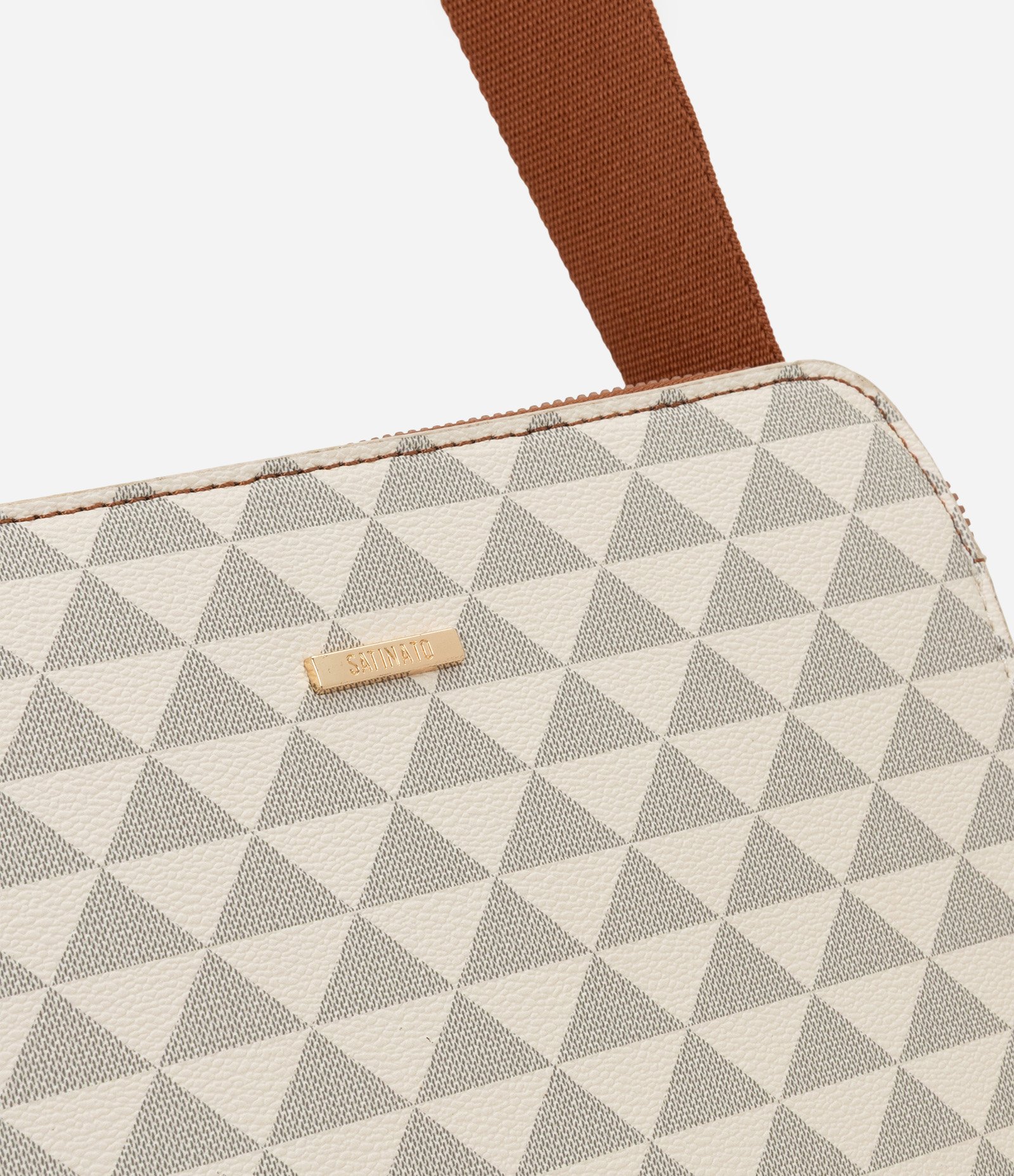 Bolsa Satchel Média com Estampa Triangular e Divisórias com Zíper Off White 2