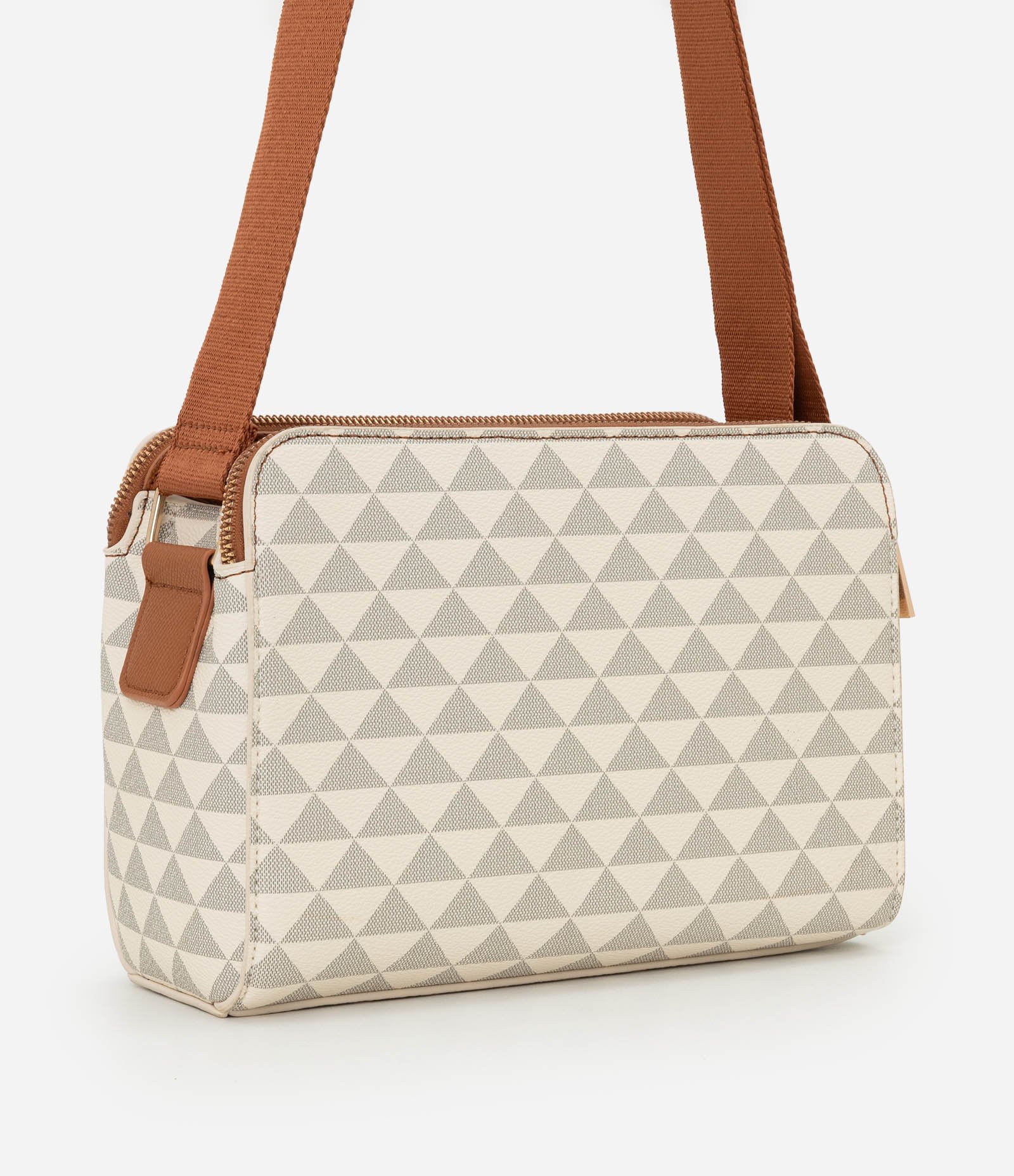 Bolsa Satchel Média com Estampa Triangular e Divisórias com Zíper Off White 4