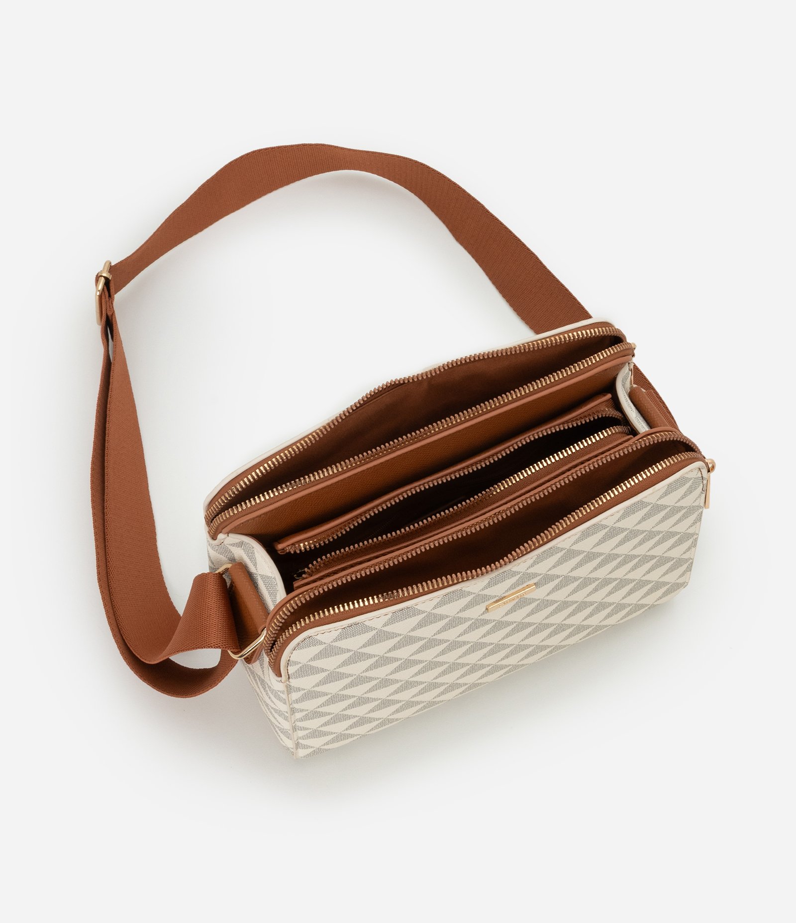 Bolsa Satchel Média com Estampa Triangular e Divisórias com Zíper Off White 6