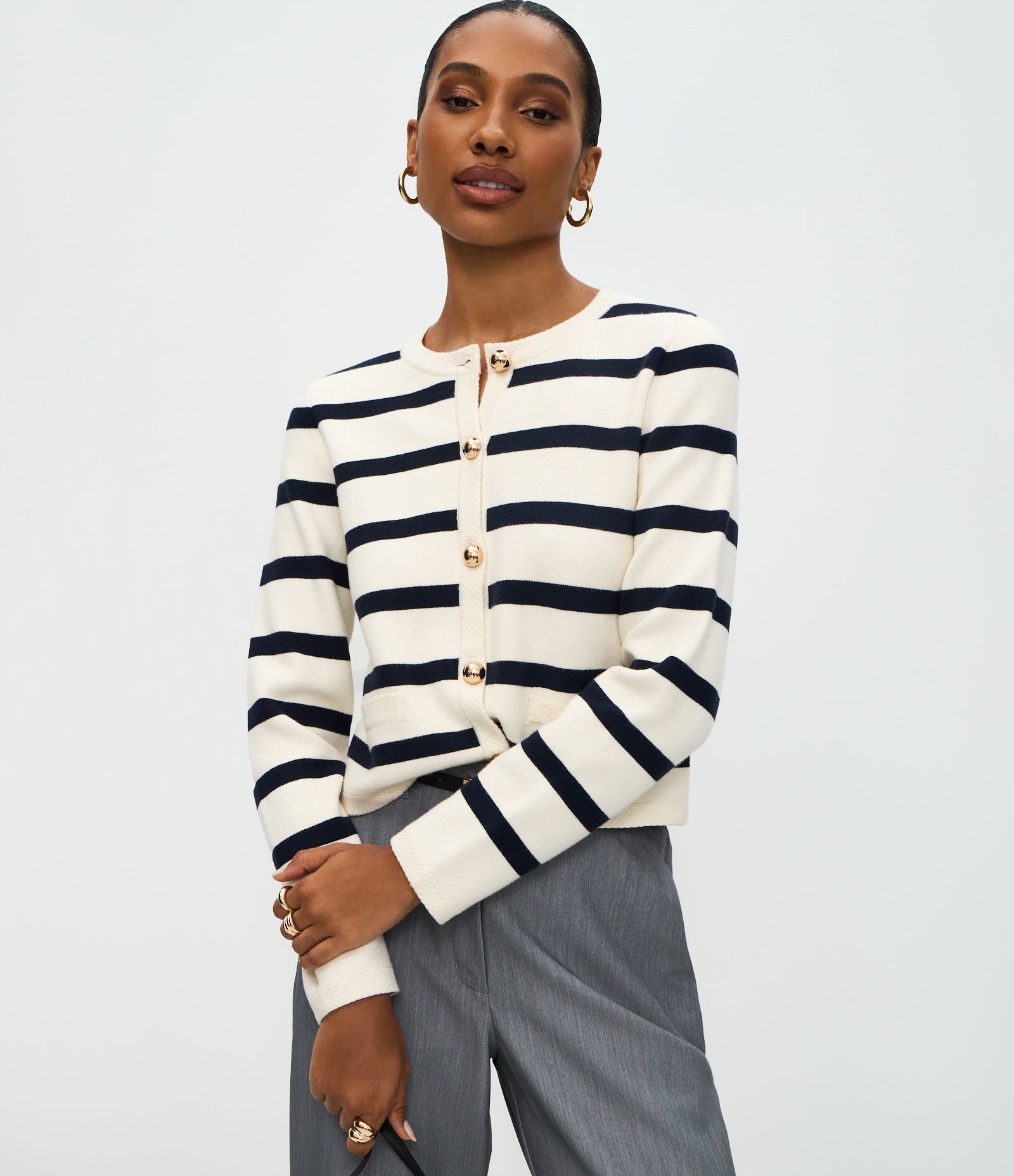 Cardigan em Tricô Listrado com Botões Azul 1