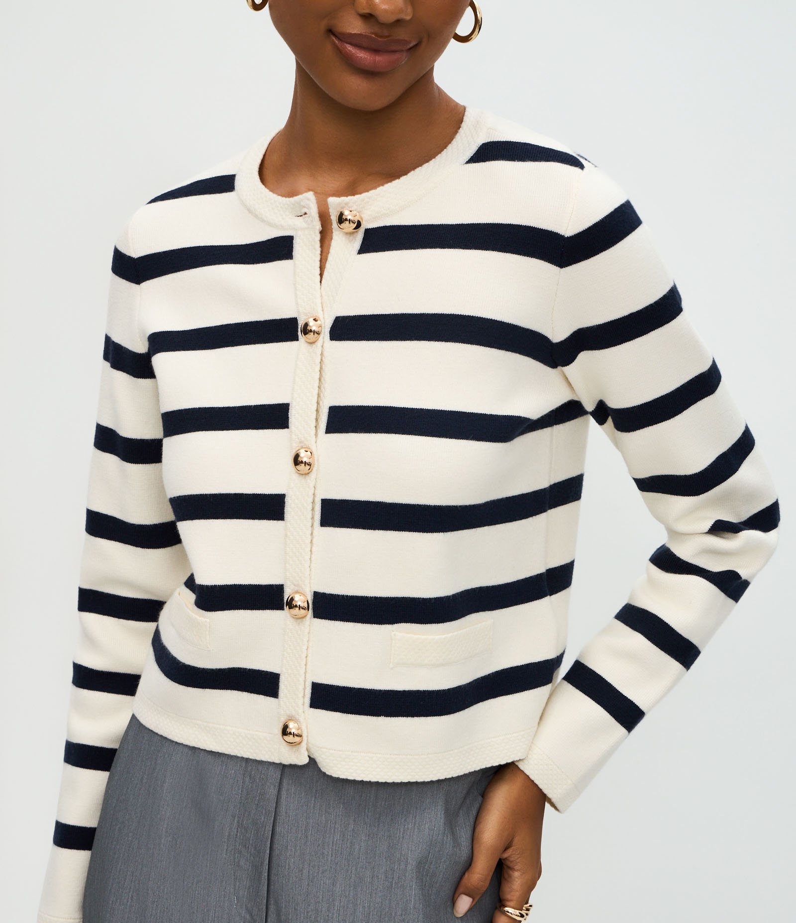 Cardigan em Tricô Listrado com Botões Azul 4