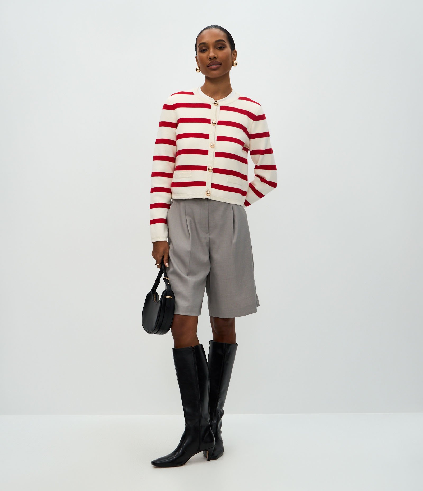 Cardigan em Tricô Listrado com Botões Vermelho 2