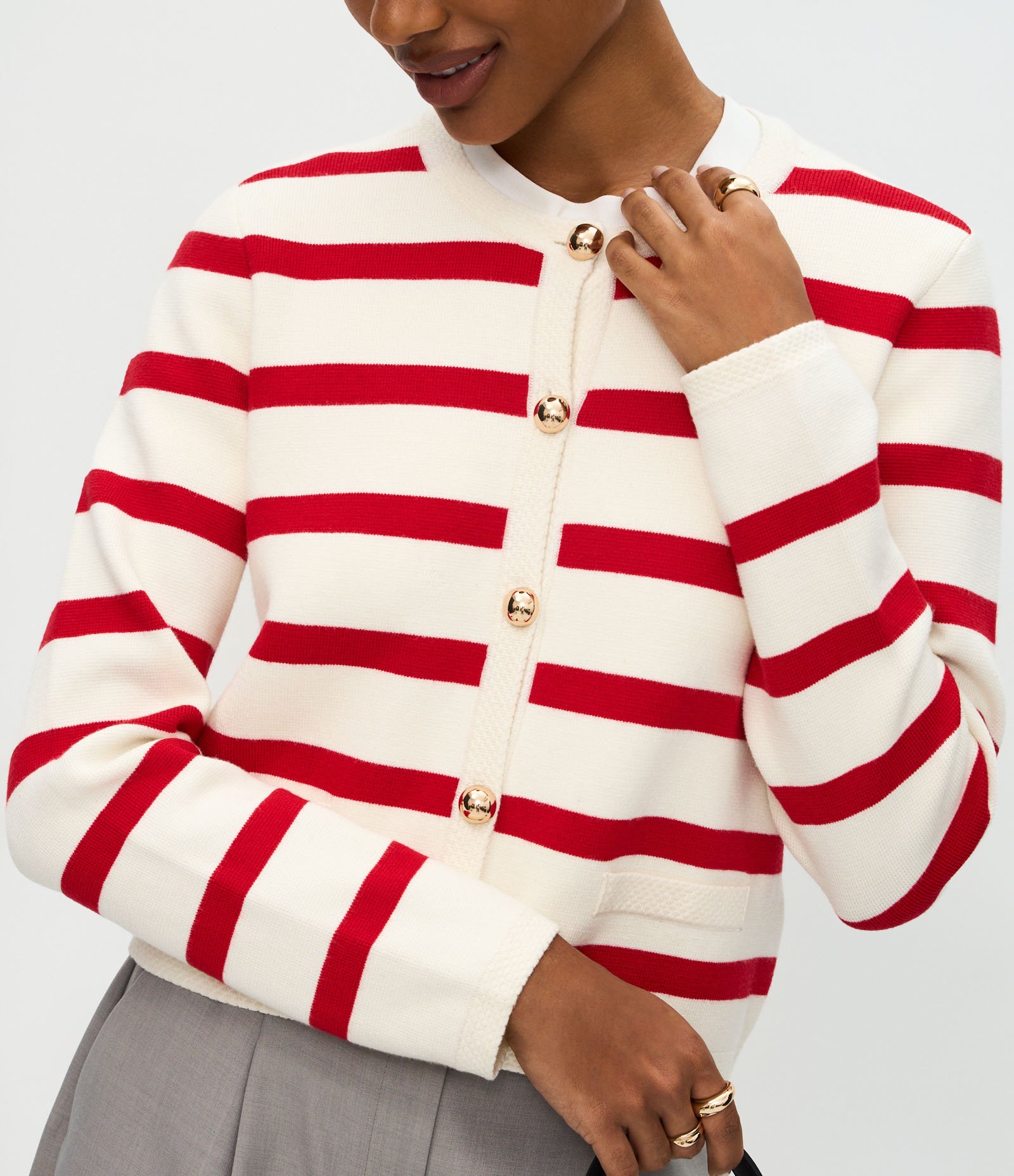 Cardigan em Tricô Listrado com Botões Vermelho 4