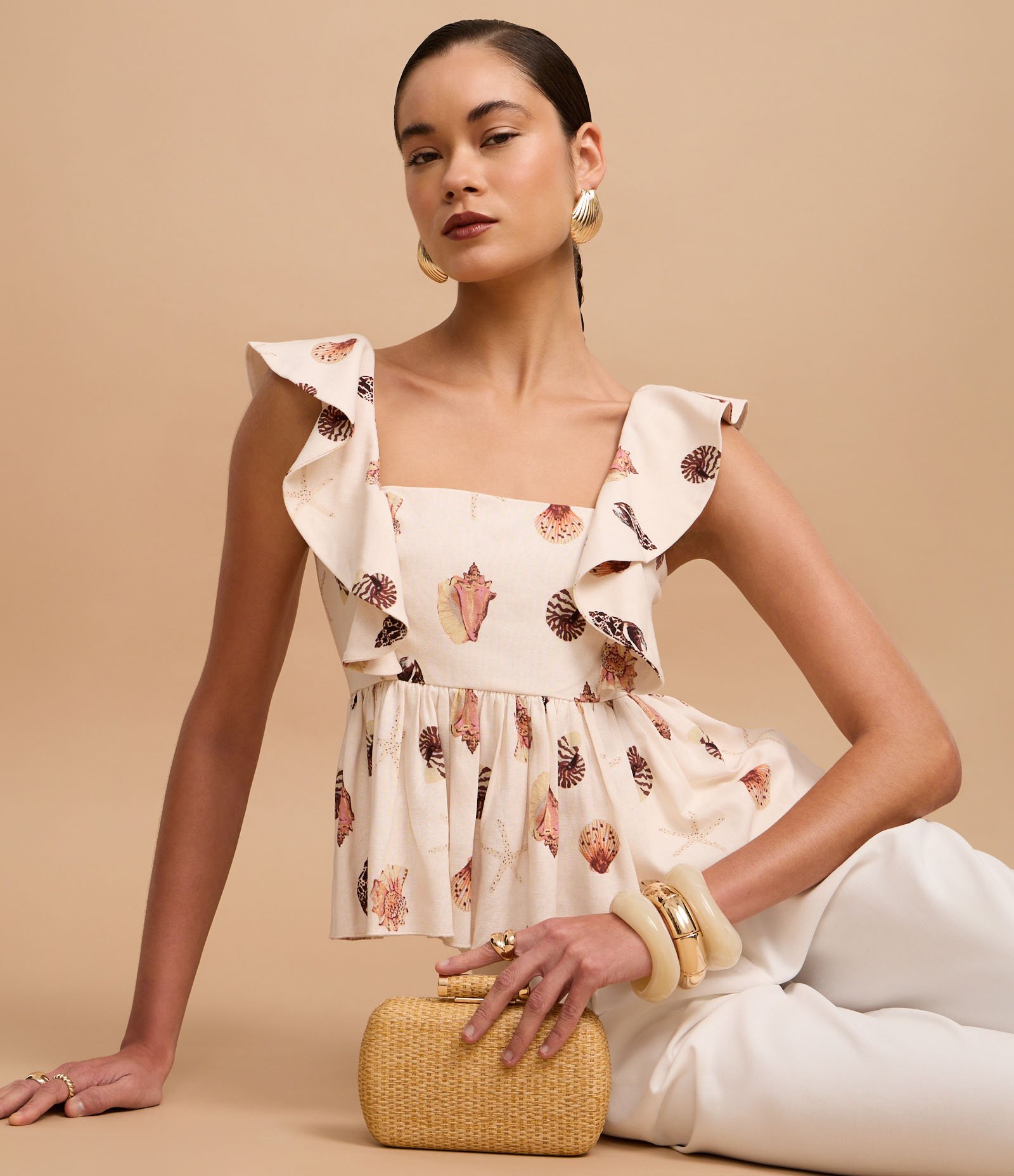 Blusa em Viscolinho com Alça de Babado e Estampa Concha Off White 6