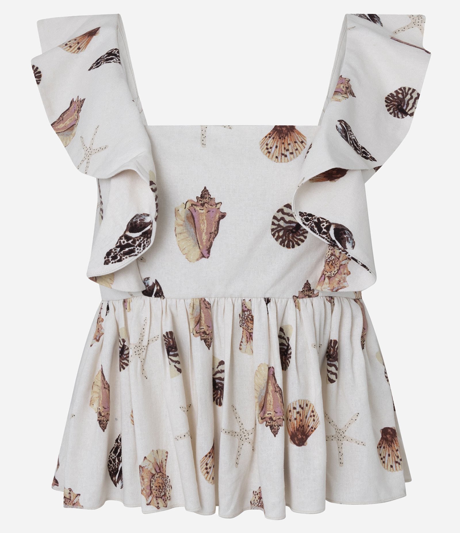 Blusa em Viscolinho com Alça de Babado e Estampa Concha Off White 7