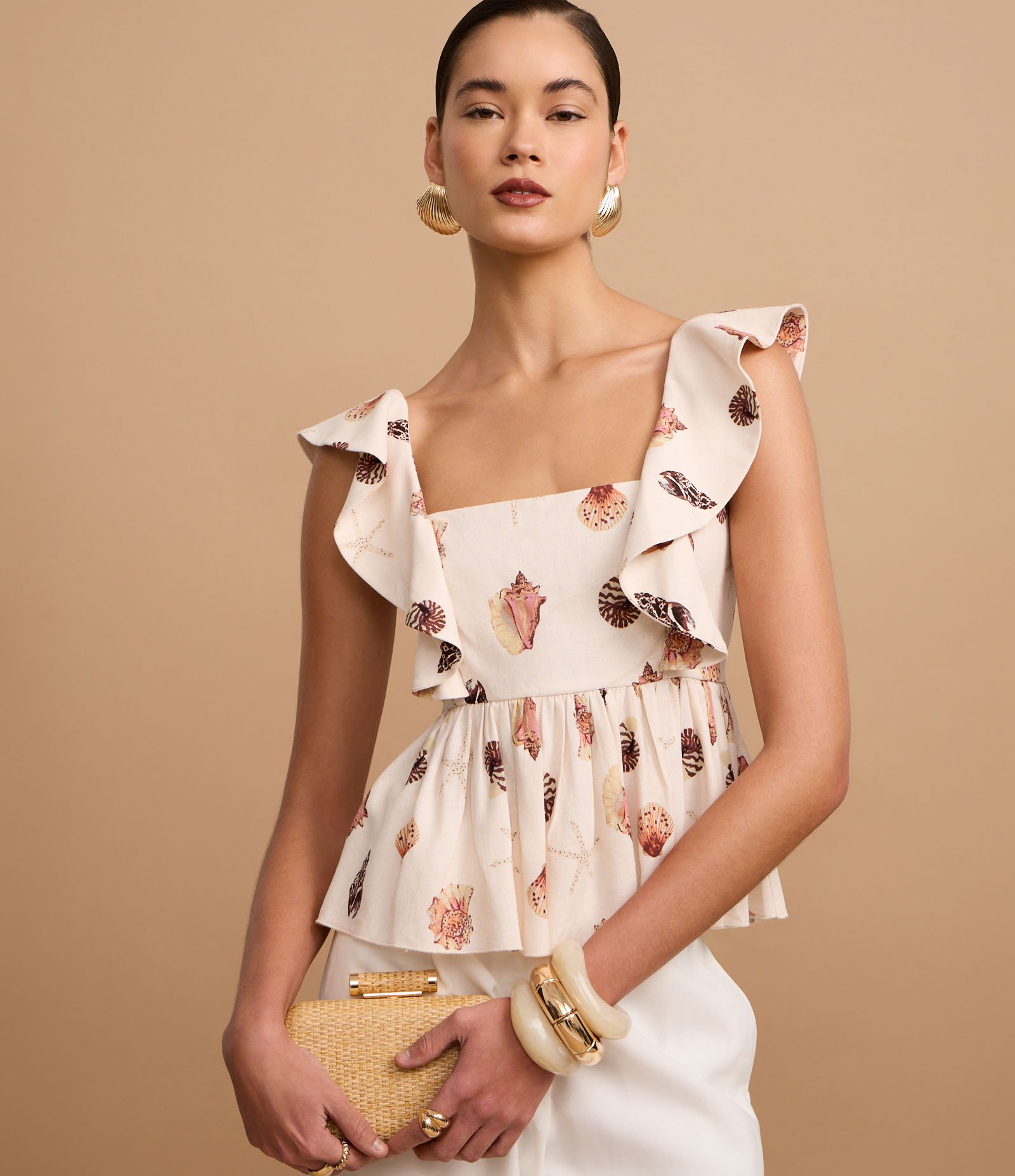 Blusa em Viscolinho com Alça de Babado e Estampa Concha Off White 5