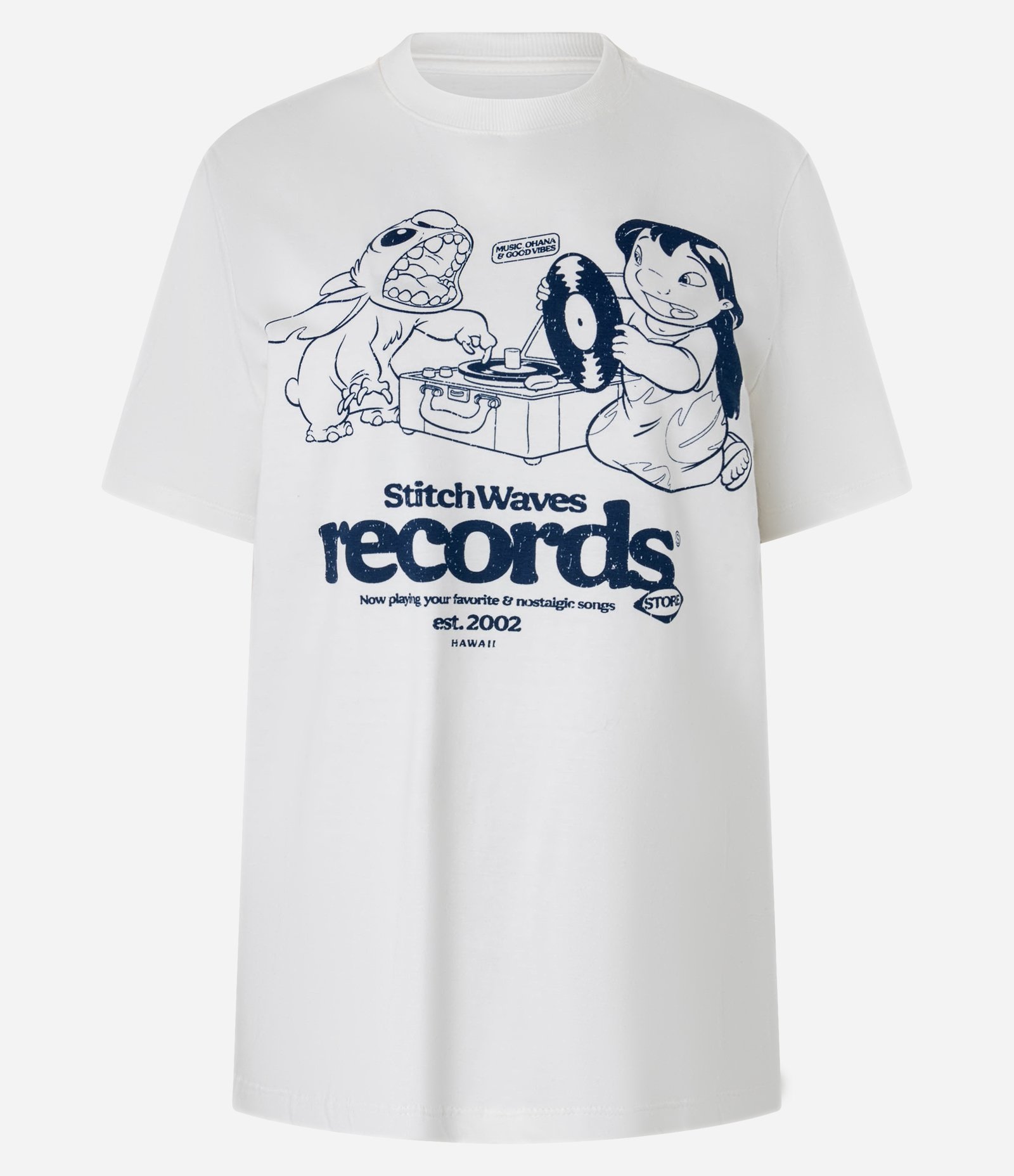 Camiseta T-Shirt em Algodão com Estampa Lilo & Stitich Records Branco Neve 5