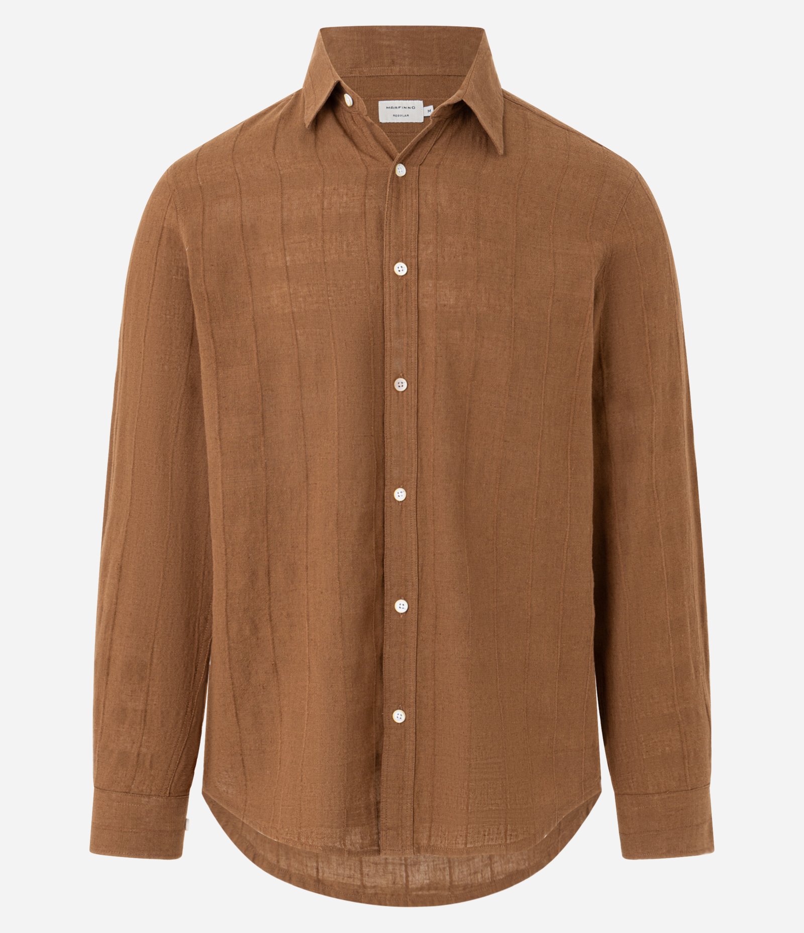 Camisa Regular em Linho com Textura Grid e Manga Longa Marrom Terroso 1