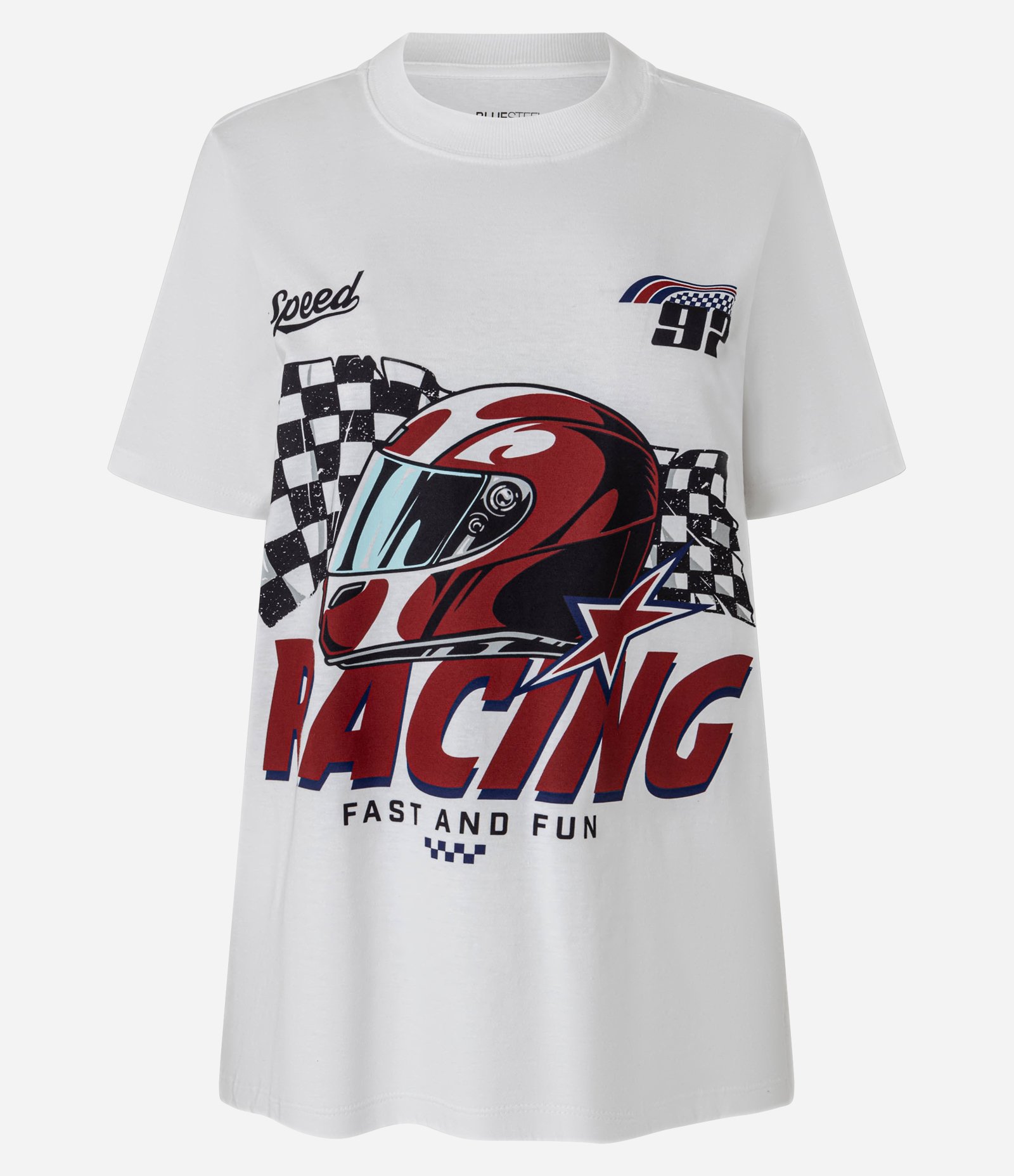 Camiseta Alongada em Algodão com Estampa Racing Branco 4