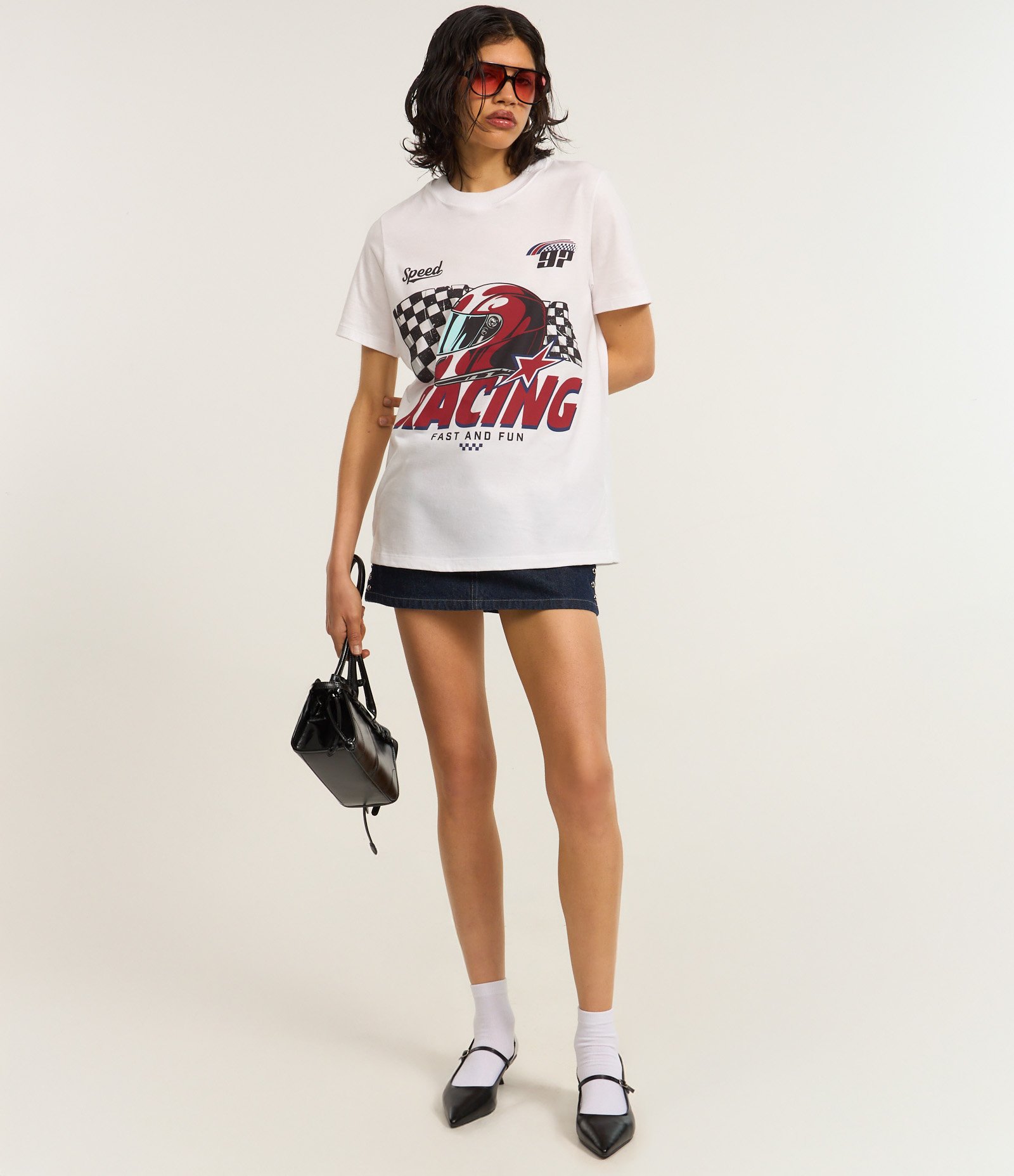 Camiseta Alongada em Algodão com Estampa Racing Branco 3