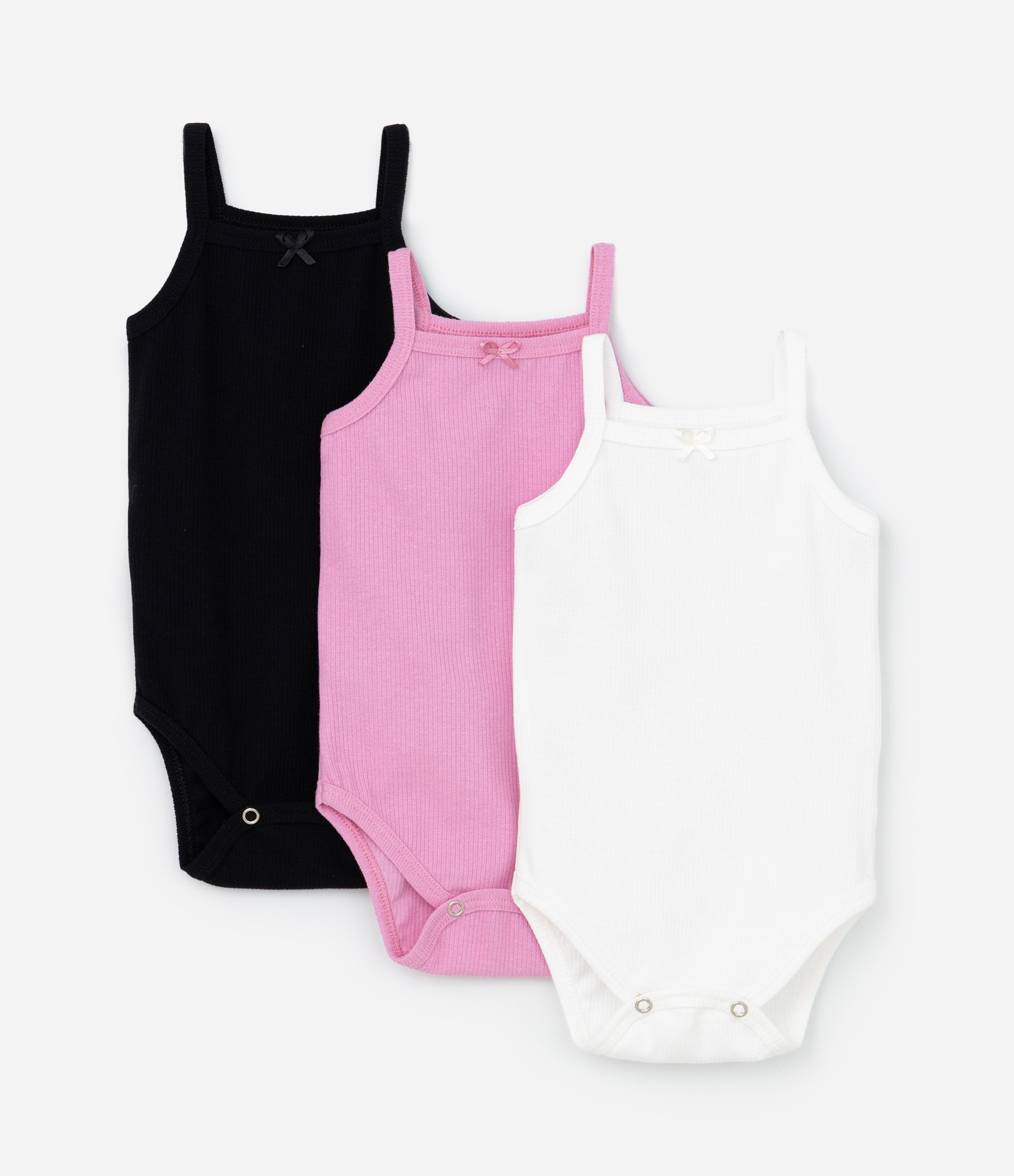 Kit 03 Bodies Infantis em Ribana com Lacinho - Tam 0 a 18 meses Branco/Rosa/Preto 1