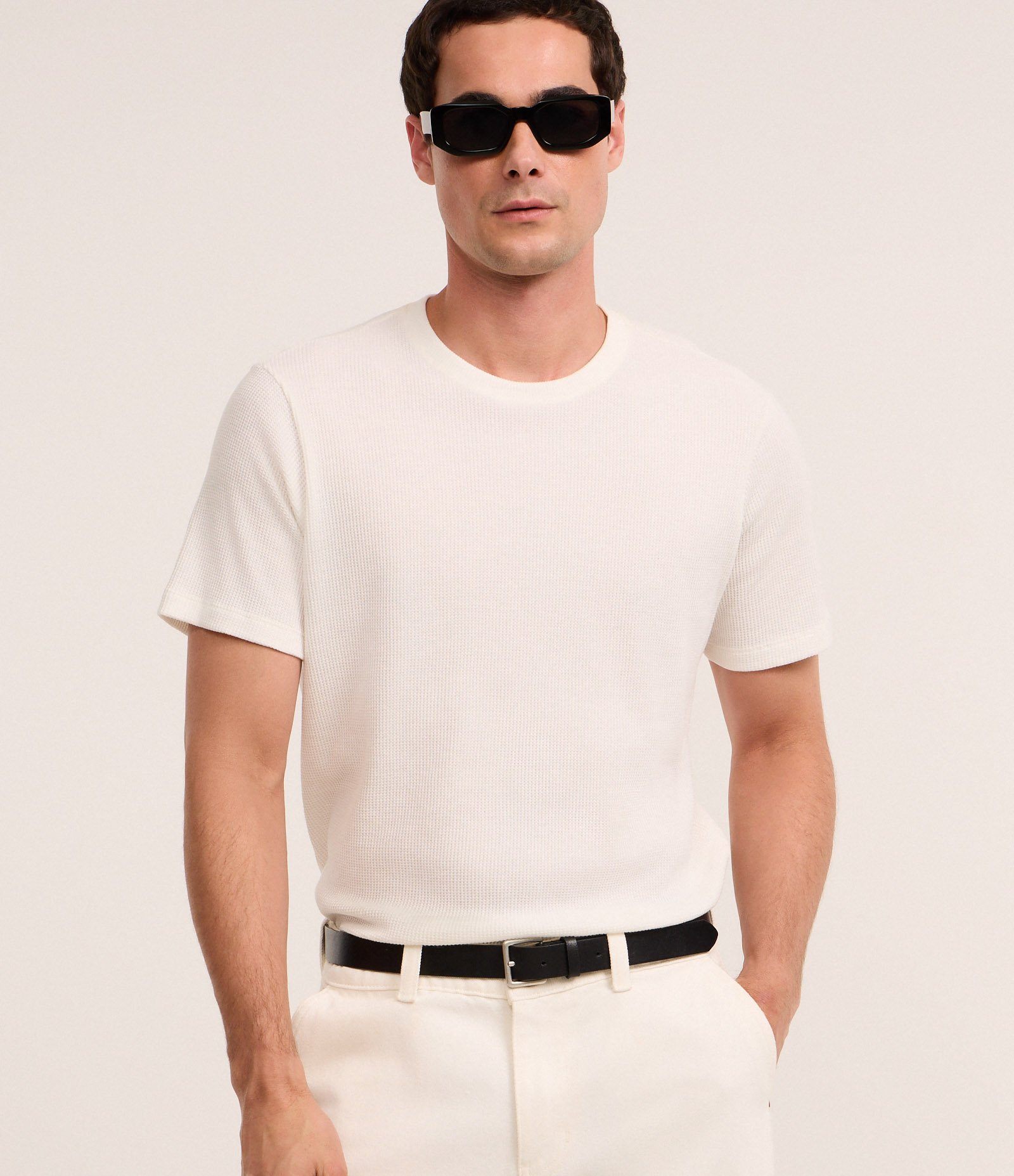Camiseta Regular em Algodão com Textura Waffle Branco 1