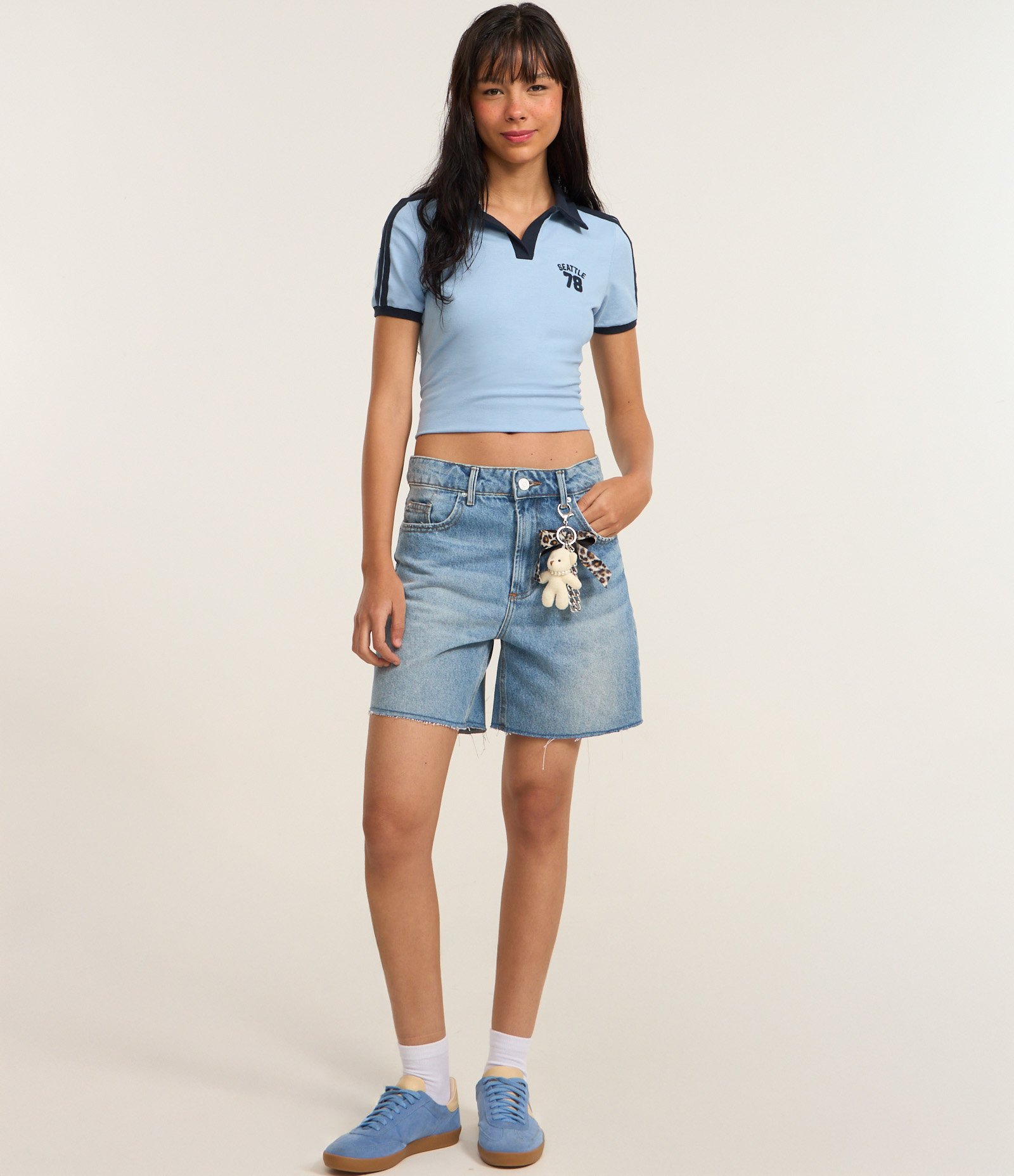 Blusa Polo em Algodão com Gola Contrastante e Bordado Seattle Azul 2