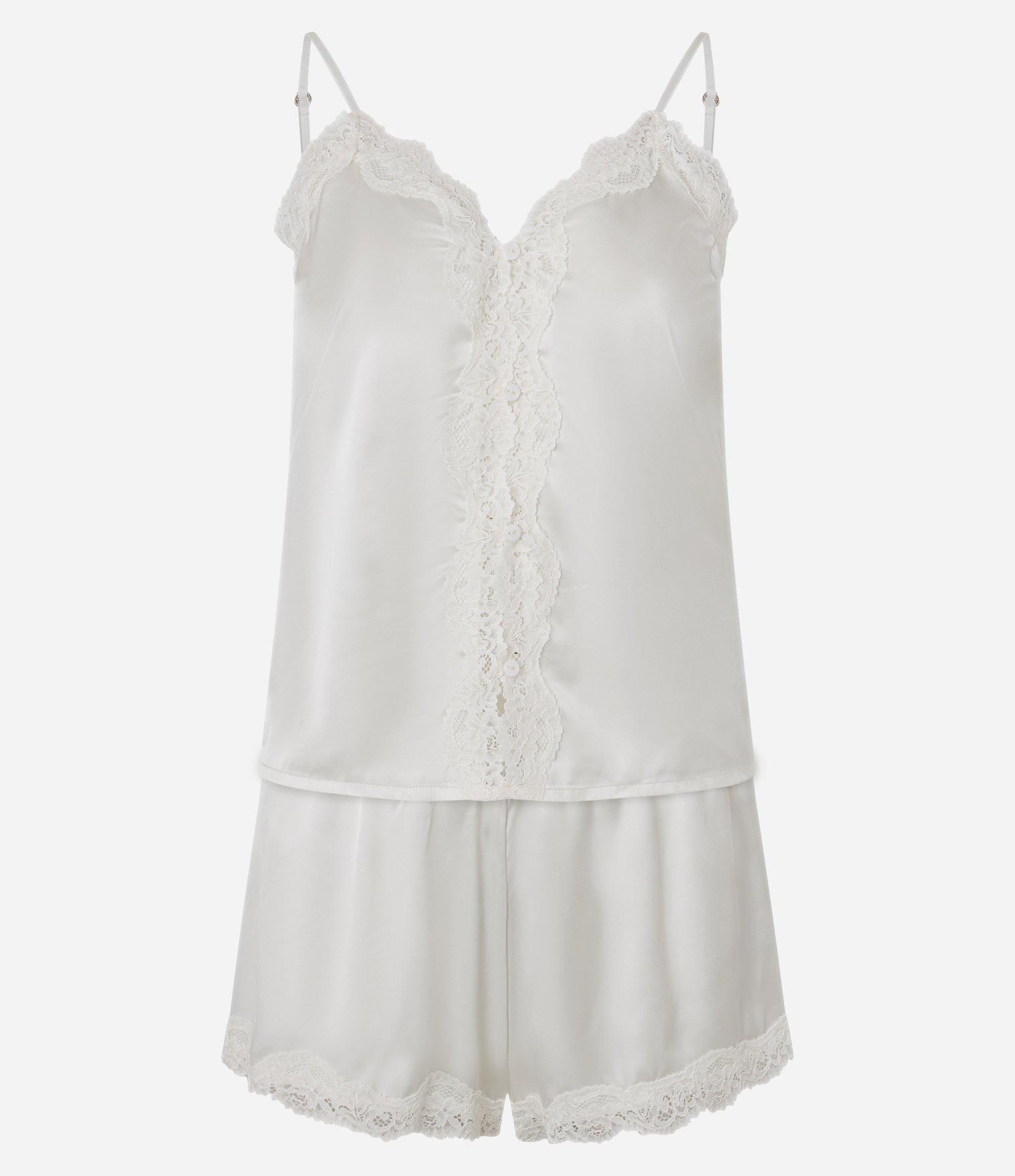 Pijama Short Doll Alcinha em Cetim com Rendinha e Botões Branco 4