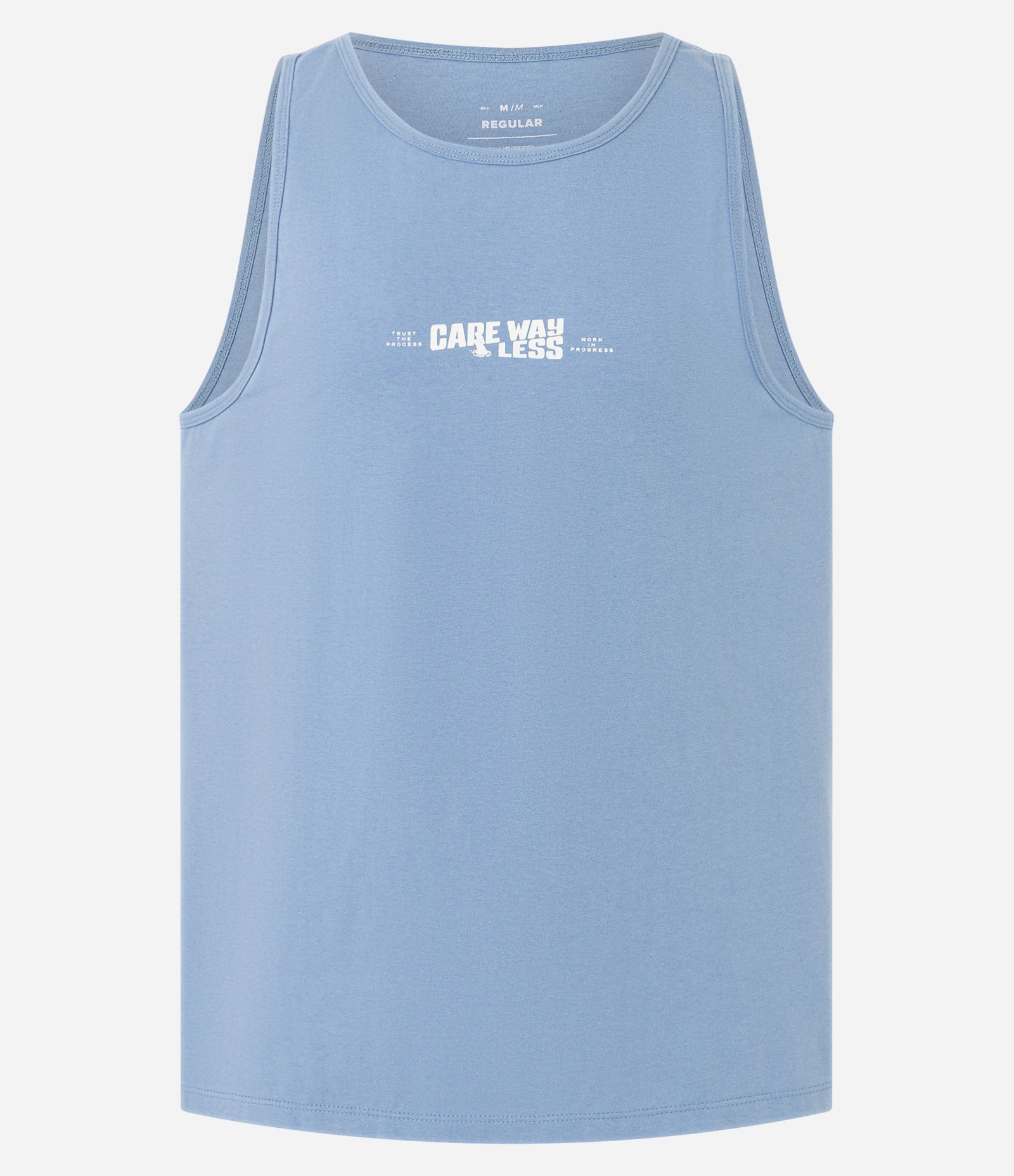 Regata Regular em Algodão com Estampa Lettering Care Way Less Azul 5