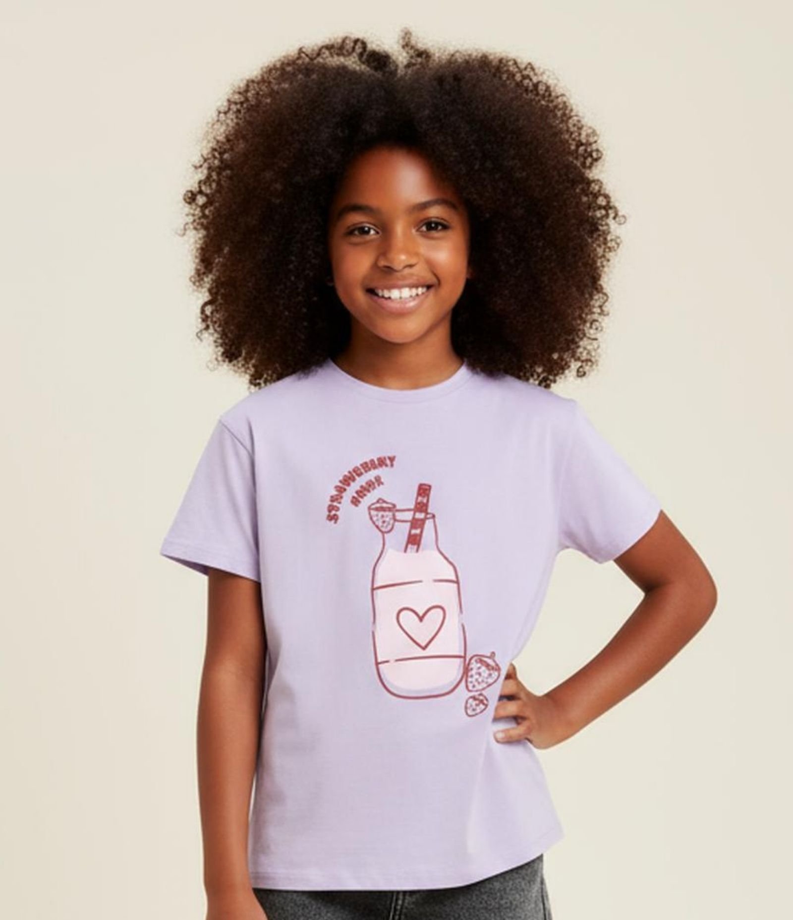 Camiseta Infantil Regular com Estampa Suco de Morango - Tam 5 A 14 Anos Roxo 1