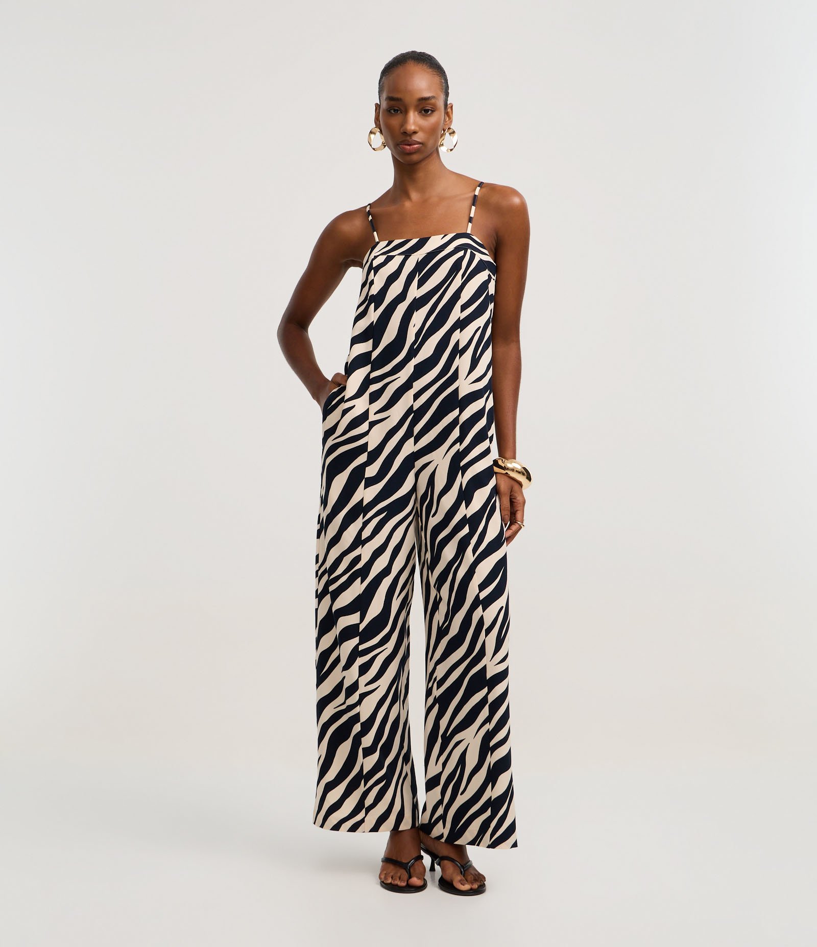 Macacão Wide Leg Alfaiatado em Crepe com Estampa Zebra Azul Marinho/Bege 2