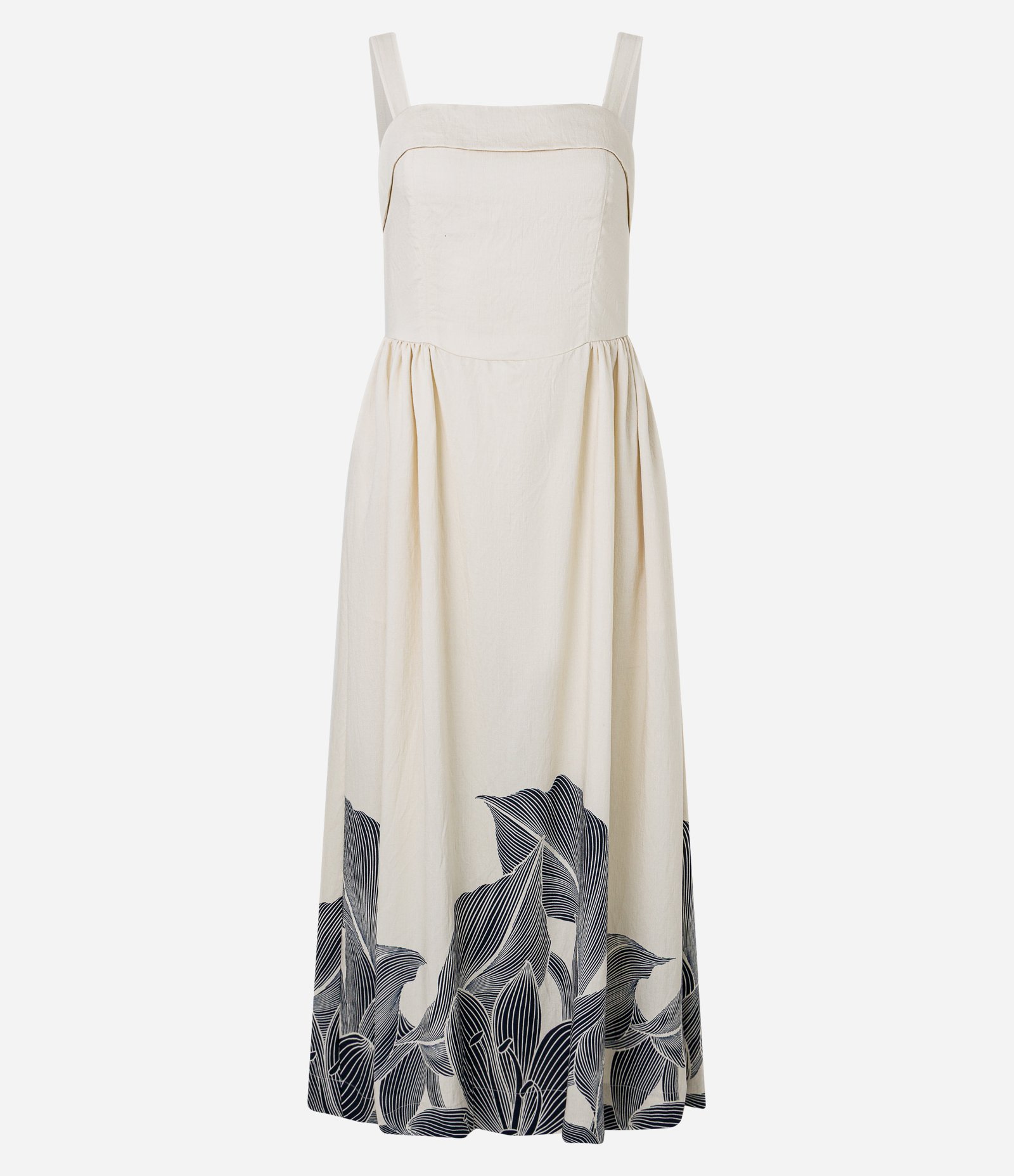 Vestido Evasê Midi em Viscolinho com Estampa Floral e Folhagem Bege 5