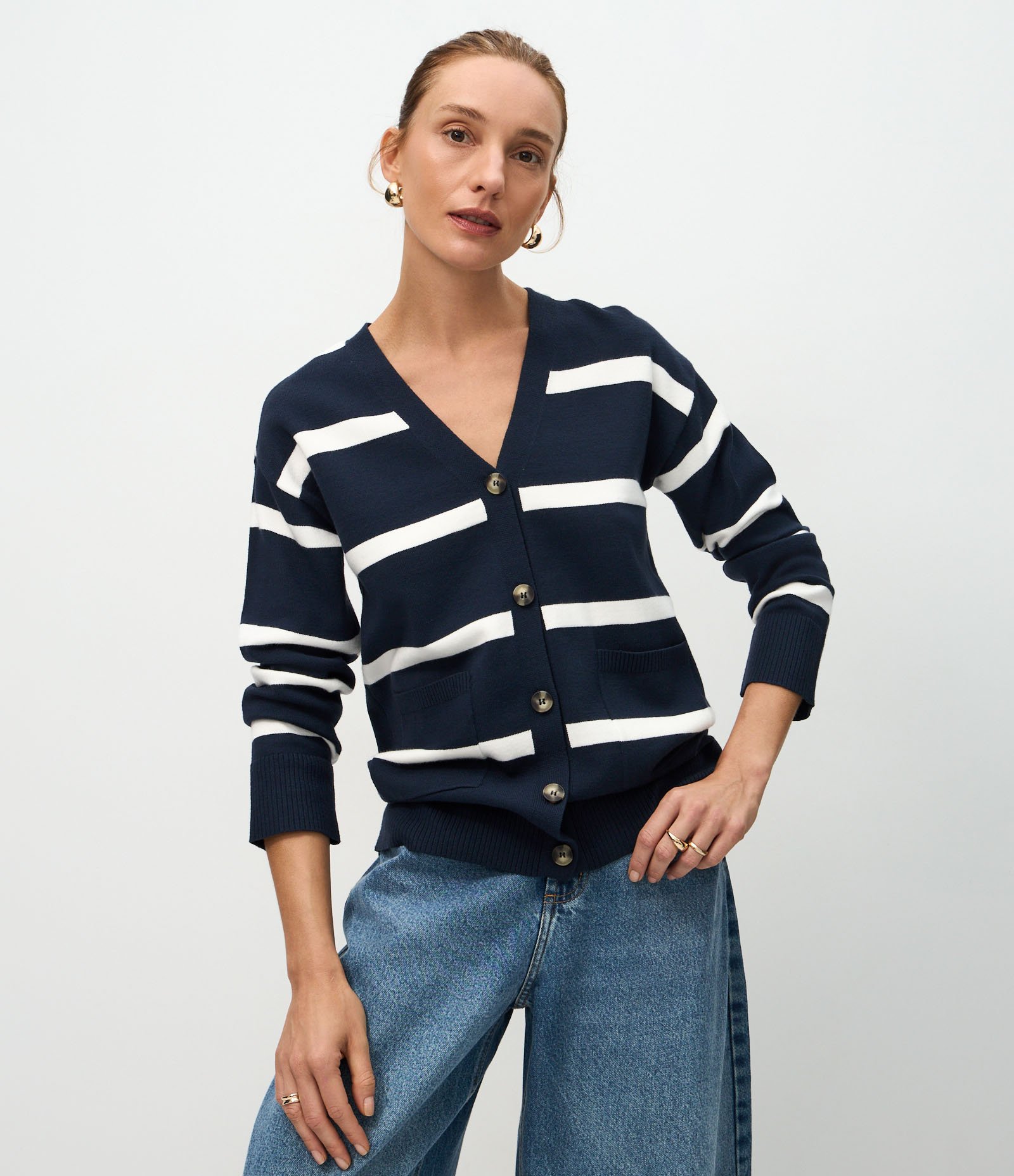 Cardigan em Tricô com Estampa Listrada Azul 1