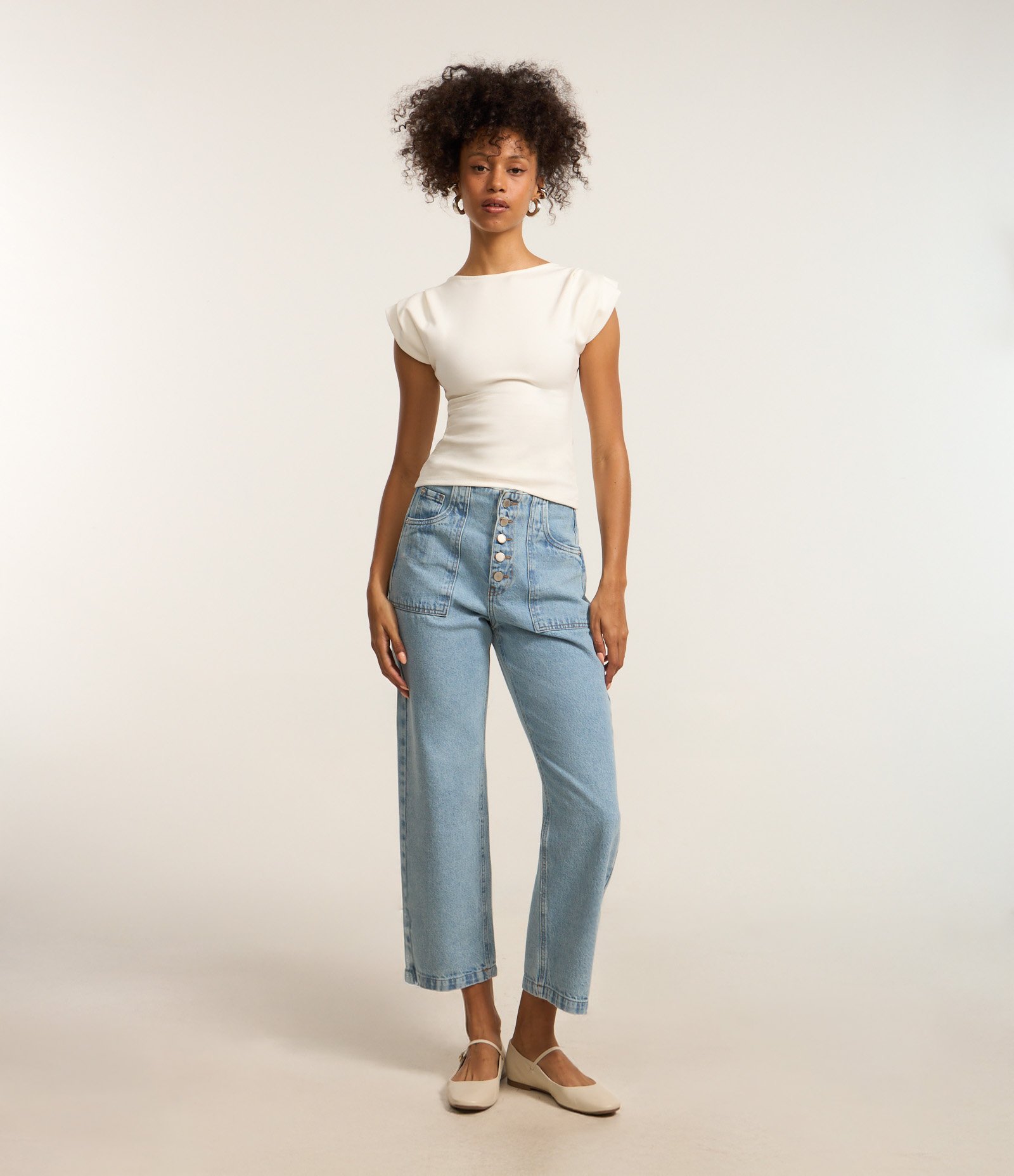 Calça Reta em Jeans com Cintura Baixa e Botões Azul 1