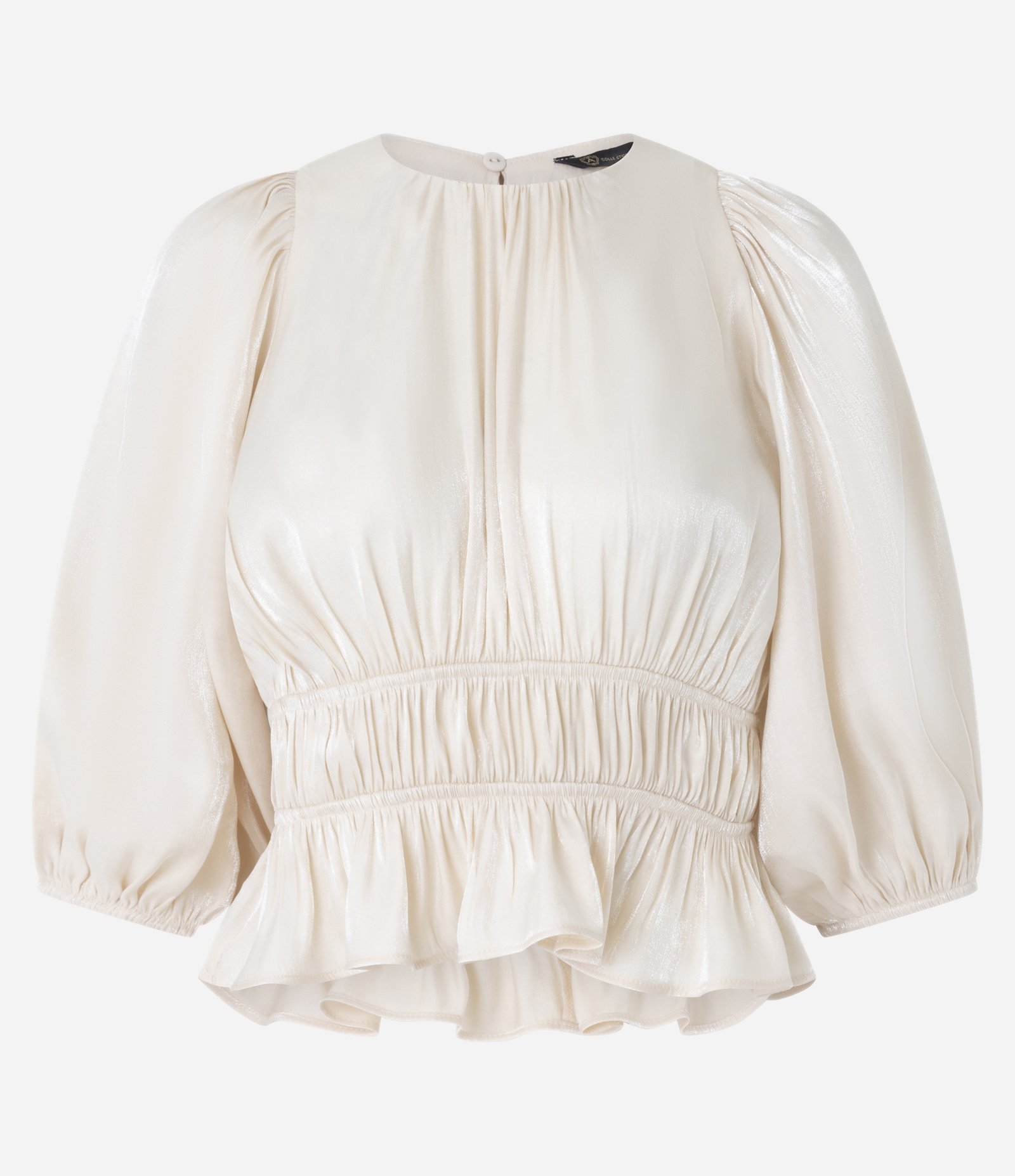 Blusa Bata em Cetim com Manga Bufante e Elástico Duplo na Cintura Bege 5