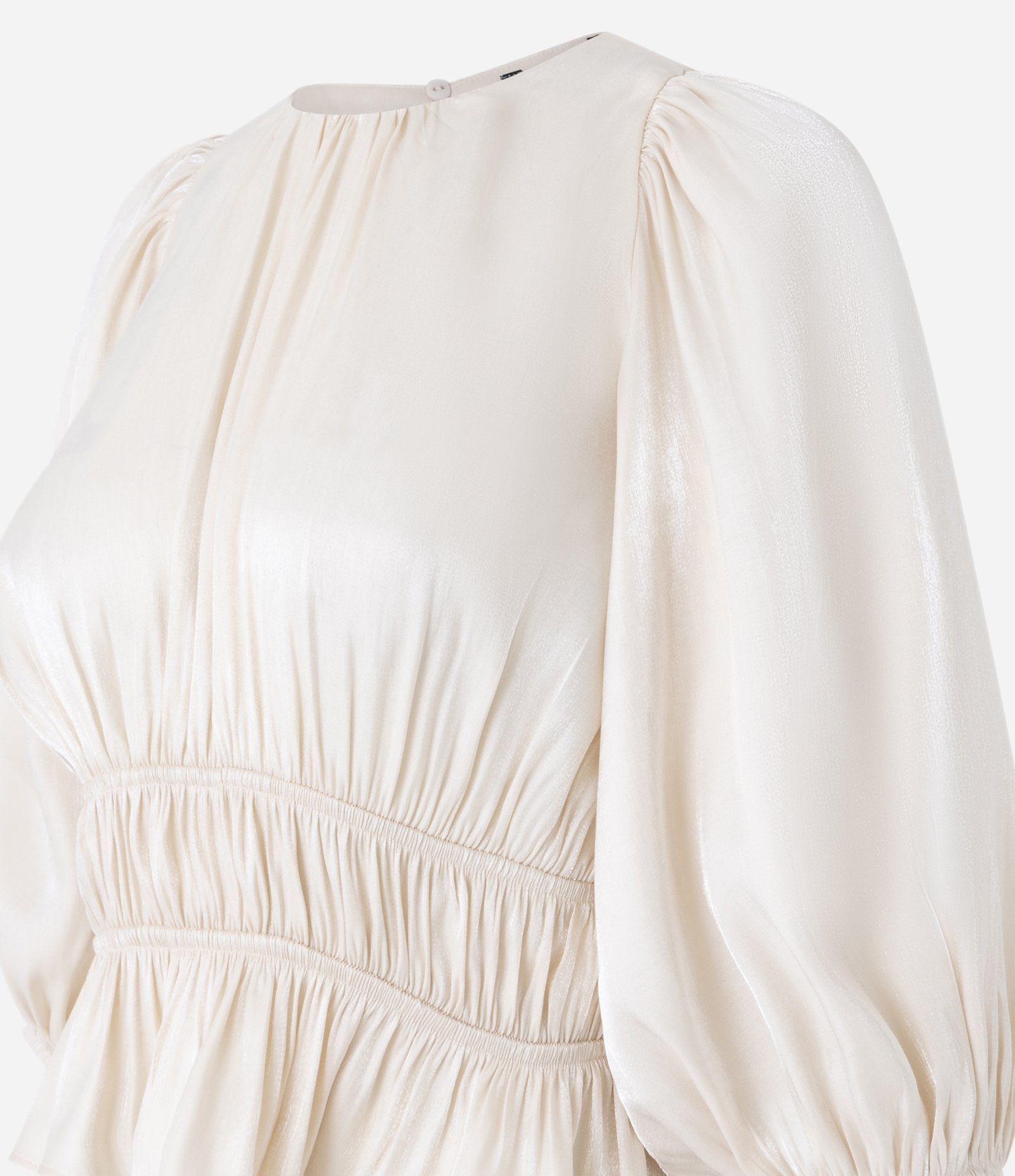 Blusa Bata em Cetim com Manga Bufante e Elástico Duplo na Cintura Bege 6