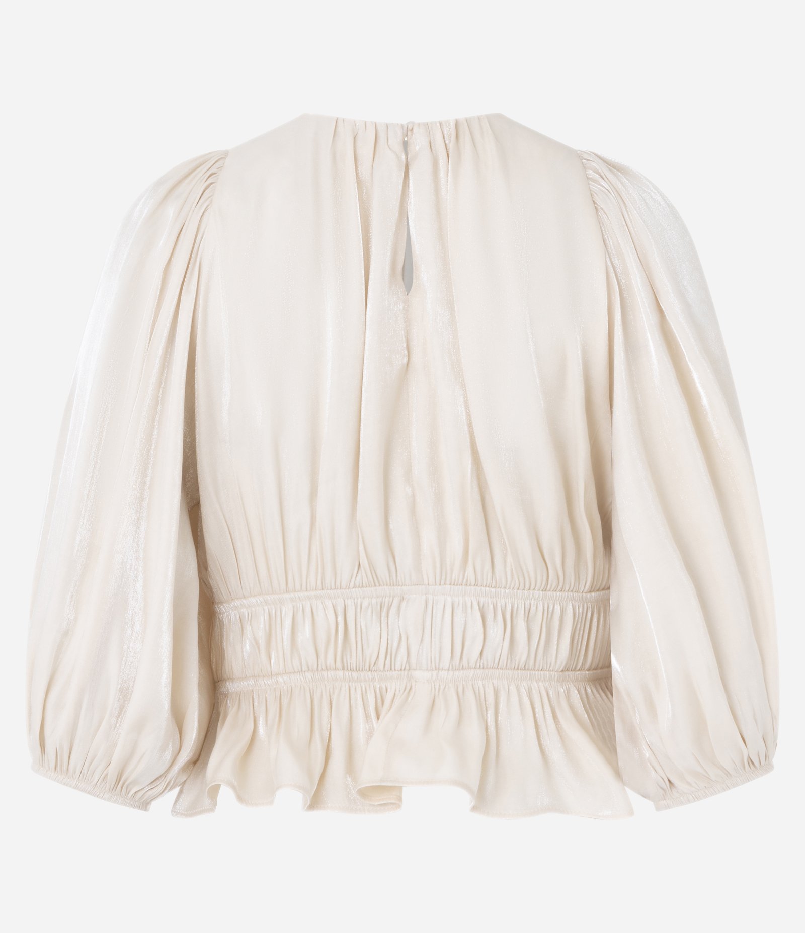 Blusa Bata em Cetim com Manga Bufante e Elástico Duplo na Cintura Bege 7