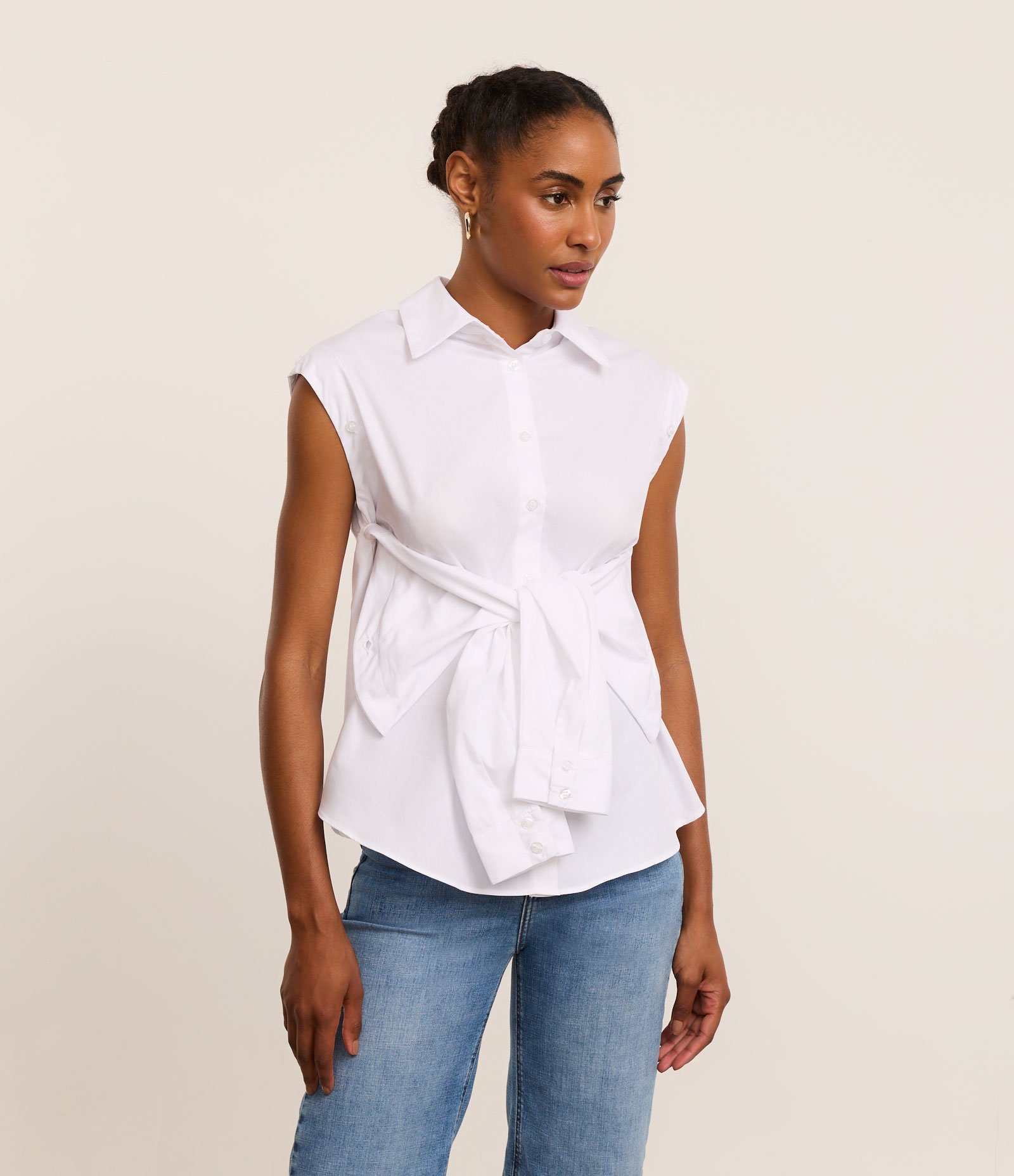 Camisa em Tricoline com Manga Removível Branco 1