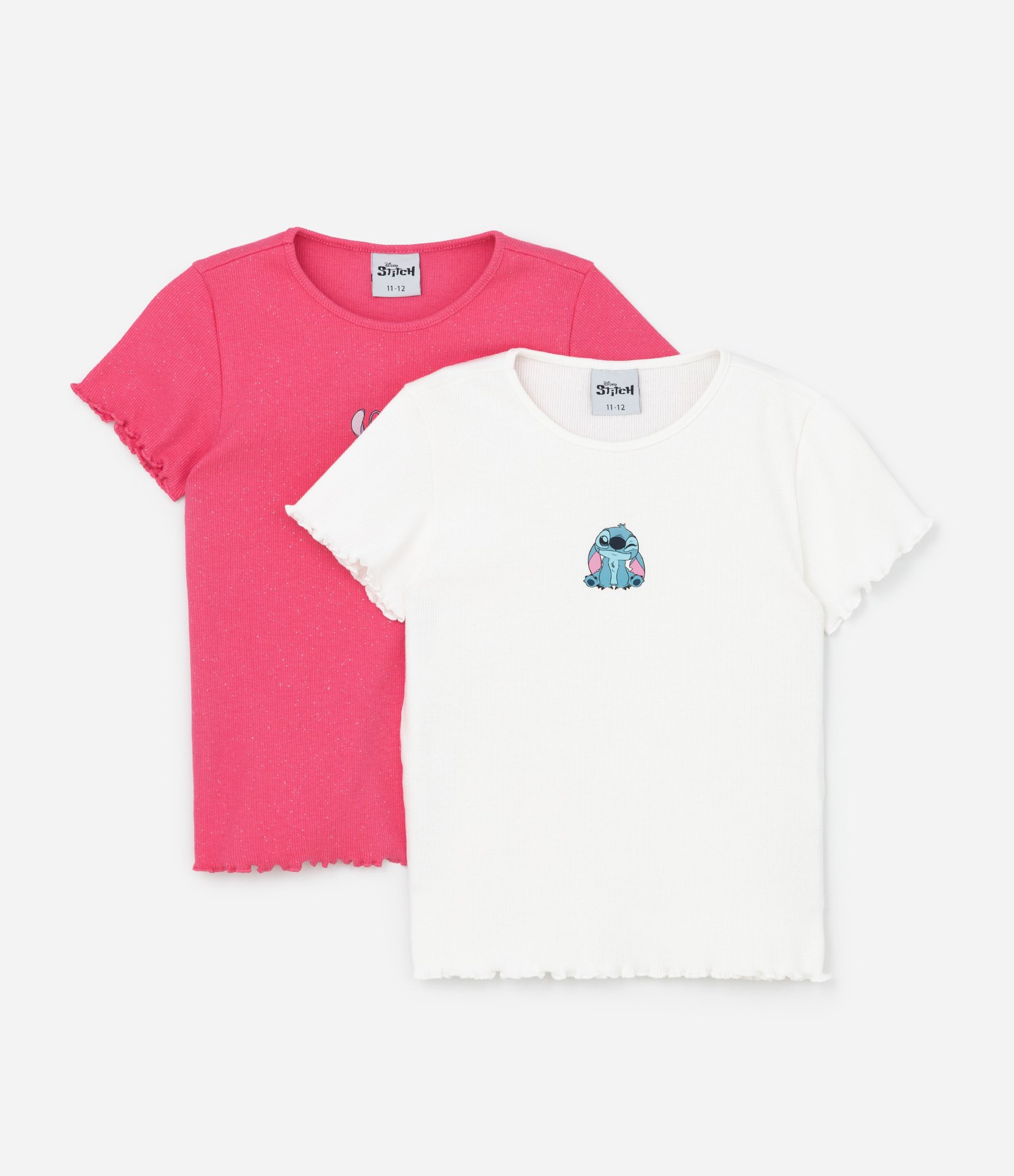 Kit 02 Camisetas Regulares Infantis em Ribana com Estampa Stitch e Angel - Tam 5 a 14 Anos Rosa/Branco 1