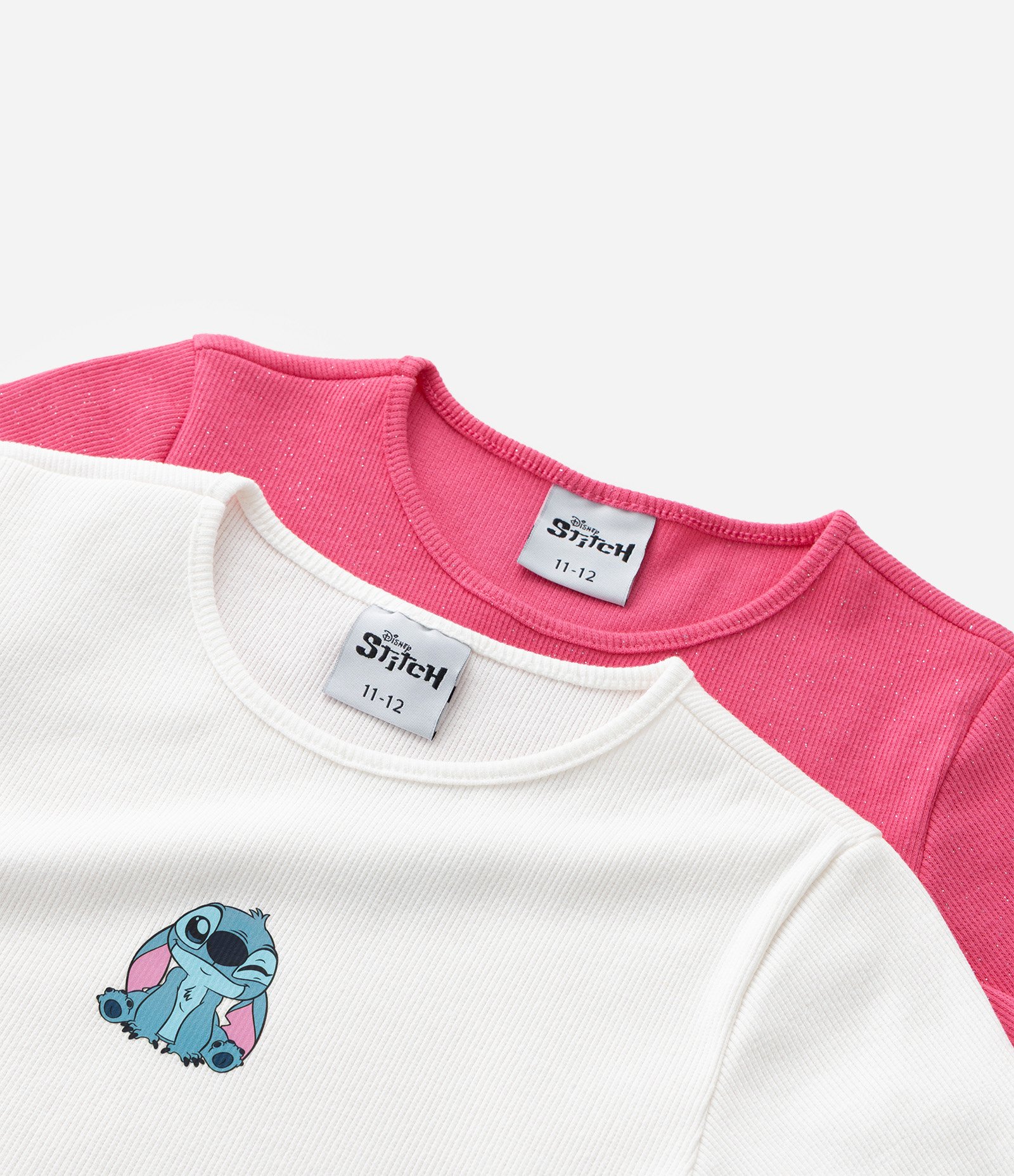 Kit 02 Camisetas Regulares Infantis em Ribana com Estampa Stitch e Angel - Tam 5 a 14 Anos Rosa/Branco 5