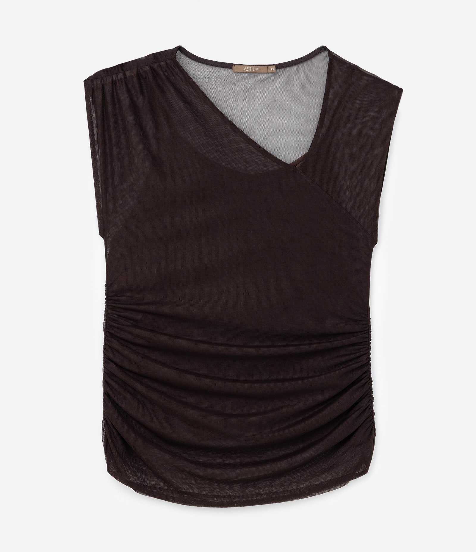 Blusa em Tule com Decote Assimétrico Curve & Plus Size Marrom 6