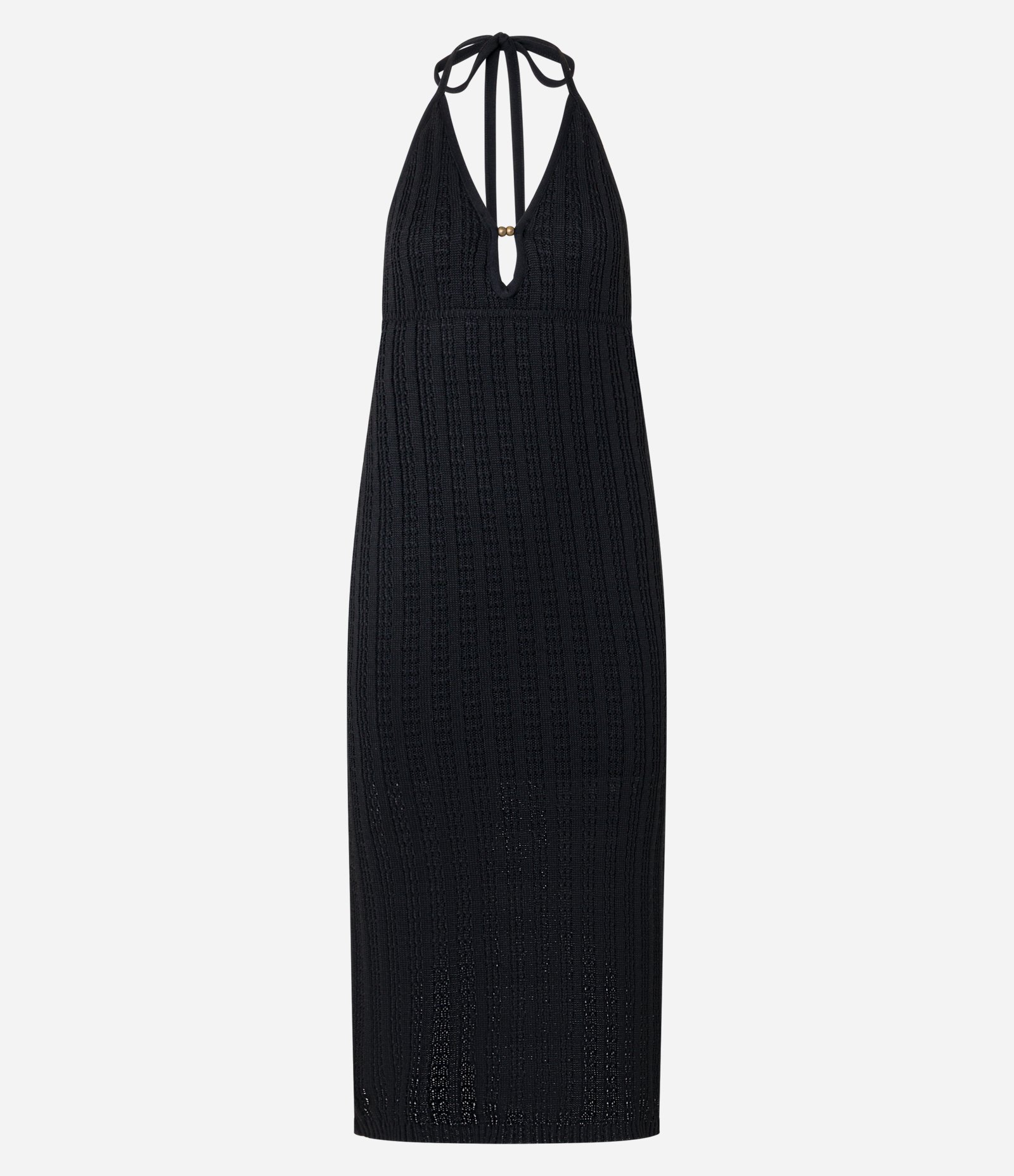 Vestido Long Midi Frente Única em Tricô com Detalhe de Miçangas Preto 1